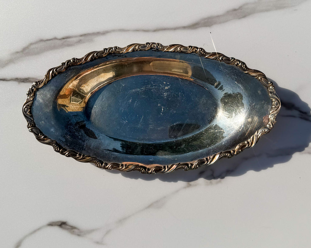 Vintage Silverplate Oval Serving Tray Ornate Scroll Edge 14”