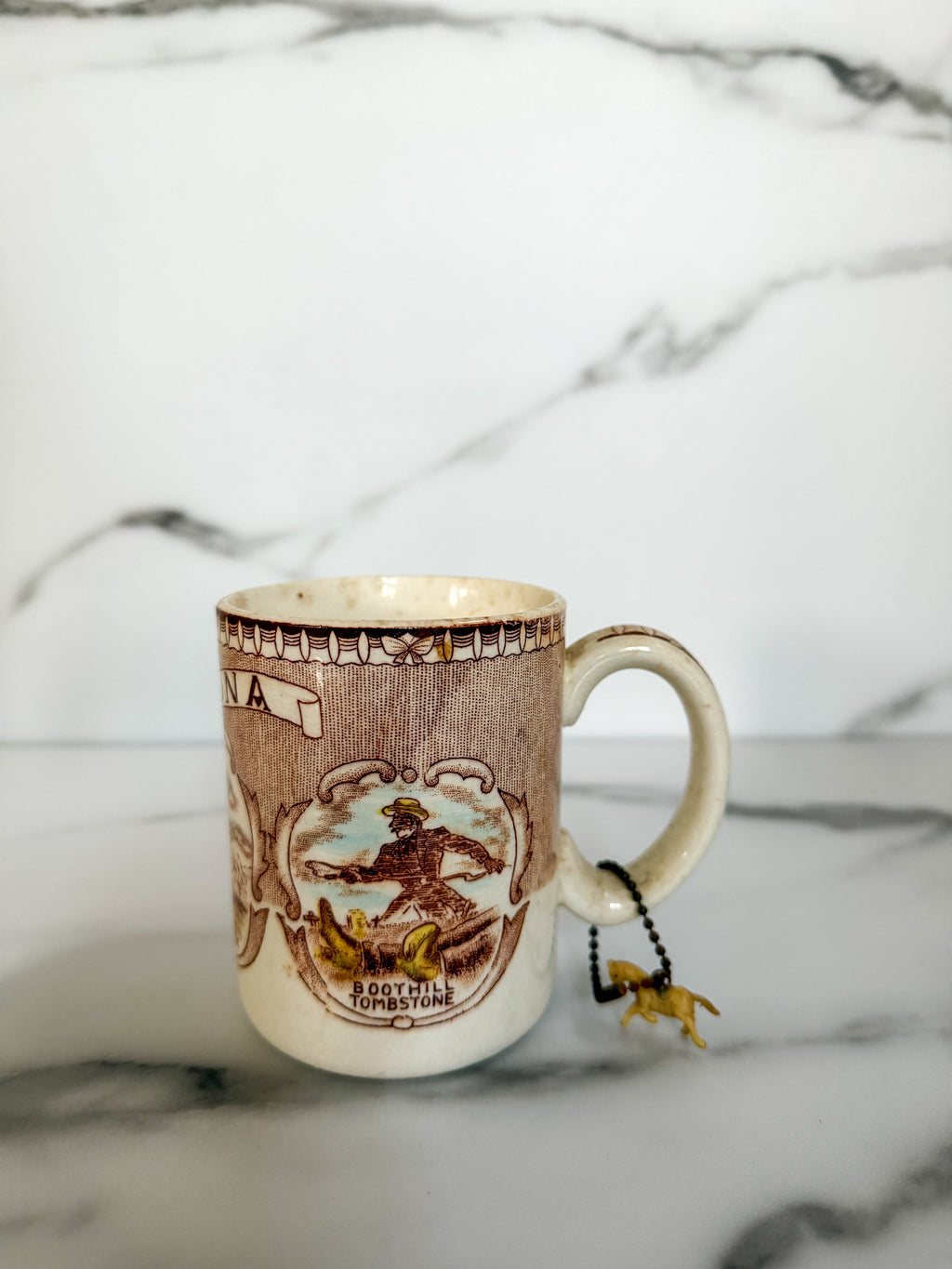 Vintage Arizona Souvenir Mug Brown Transferware Ceramic Coffee Cup Oak Creek Canyon Saguaro Cactus 4”