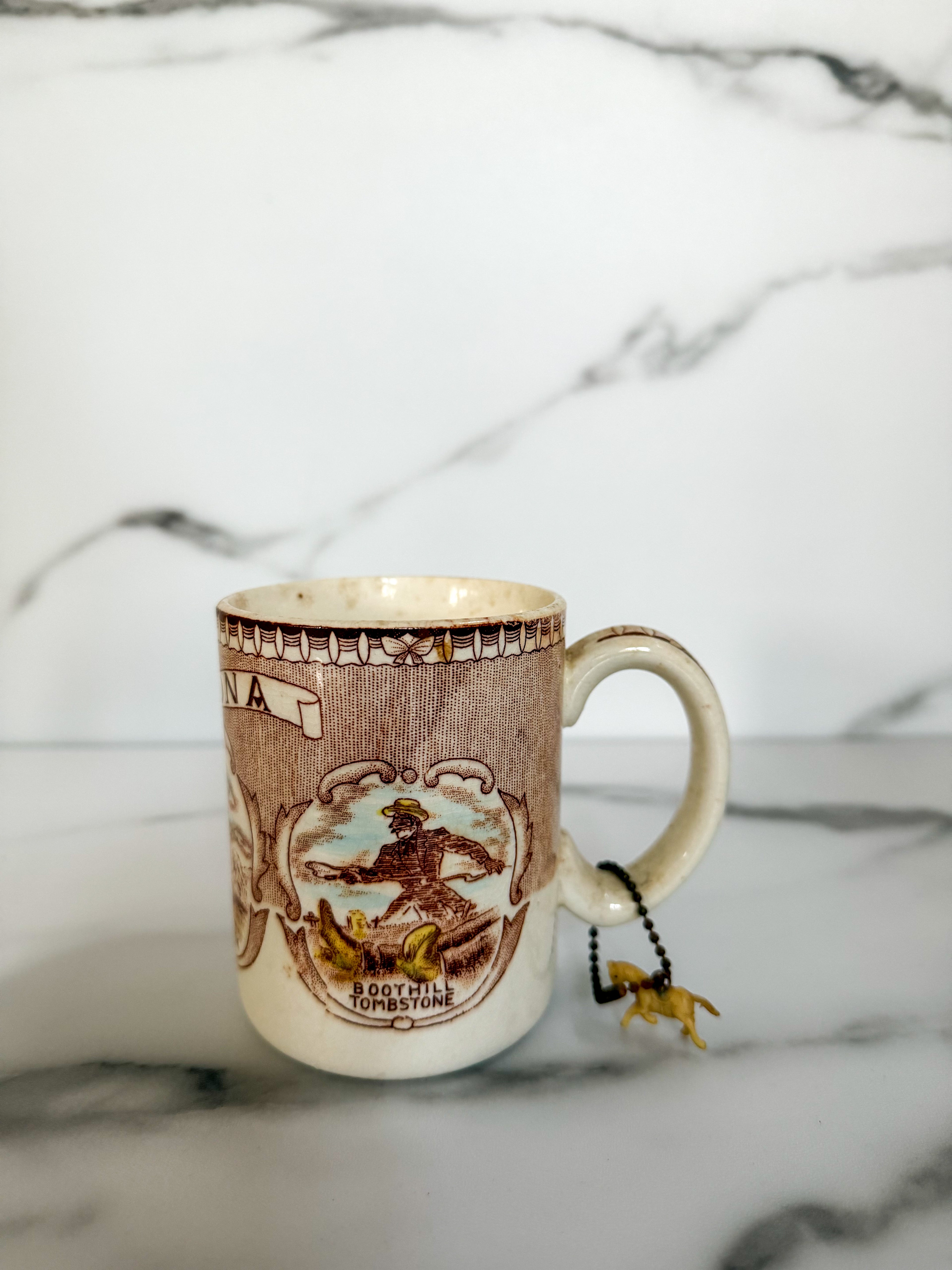 Vintage Arizona Souvenir Mug Brown Transferware Ceramic Coffee Cup Oak Creek Canyon Saguaro Cactus 4”
