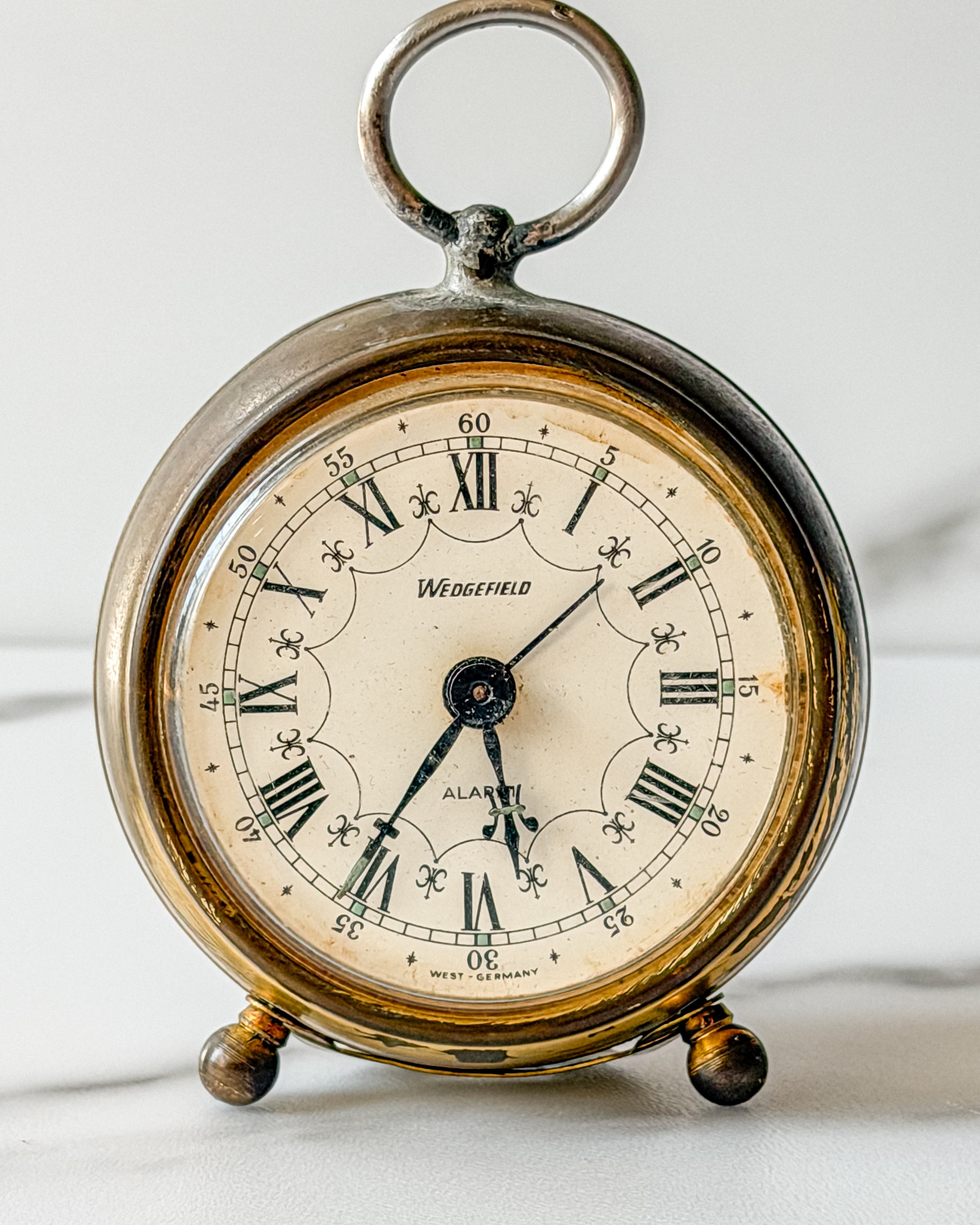 Vintage West German Wedgefield Alarm Clock Roman Numeral Brass Desk Clock