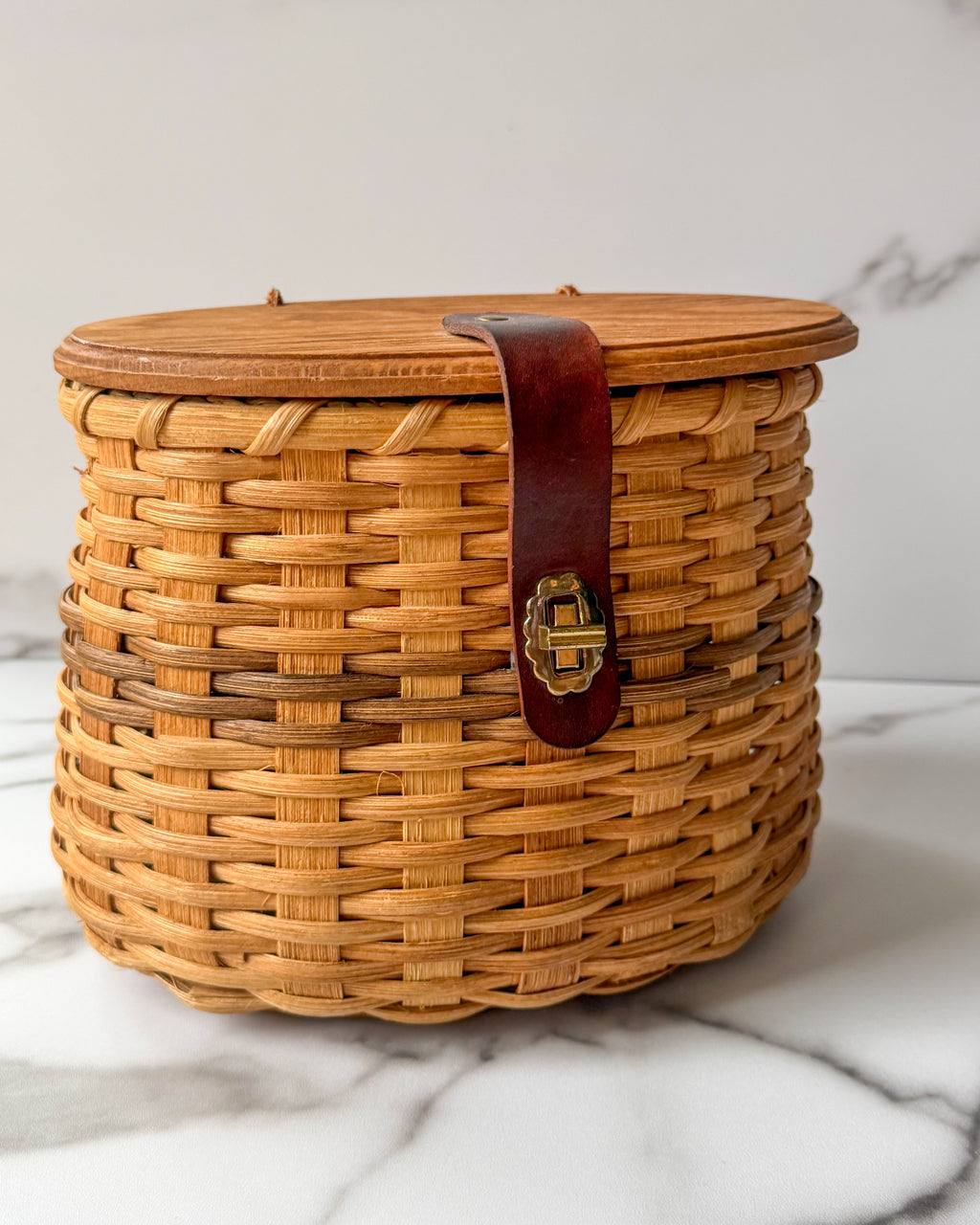 Vintage Woven Wicker Basket with Wooden Lid