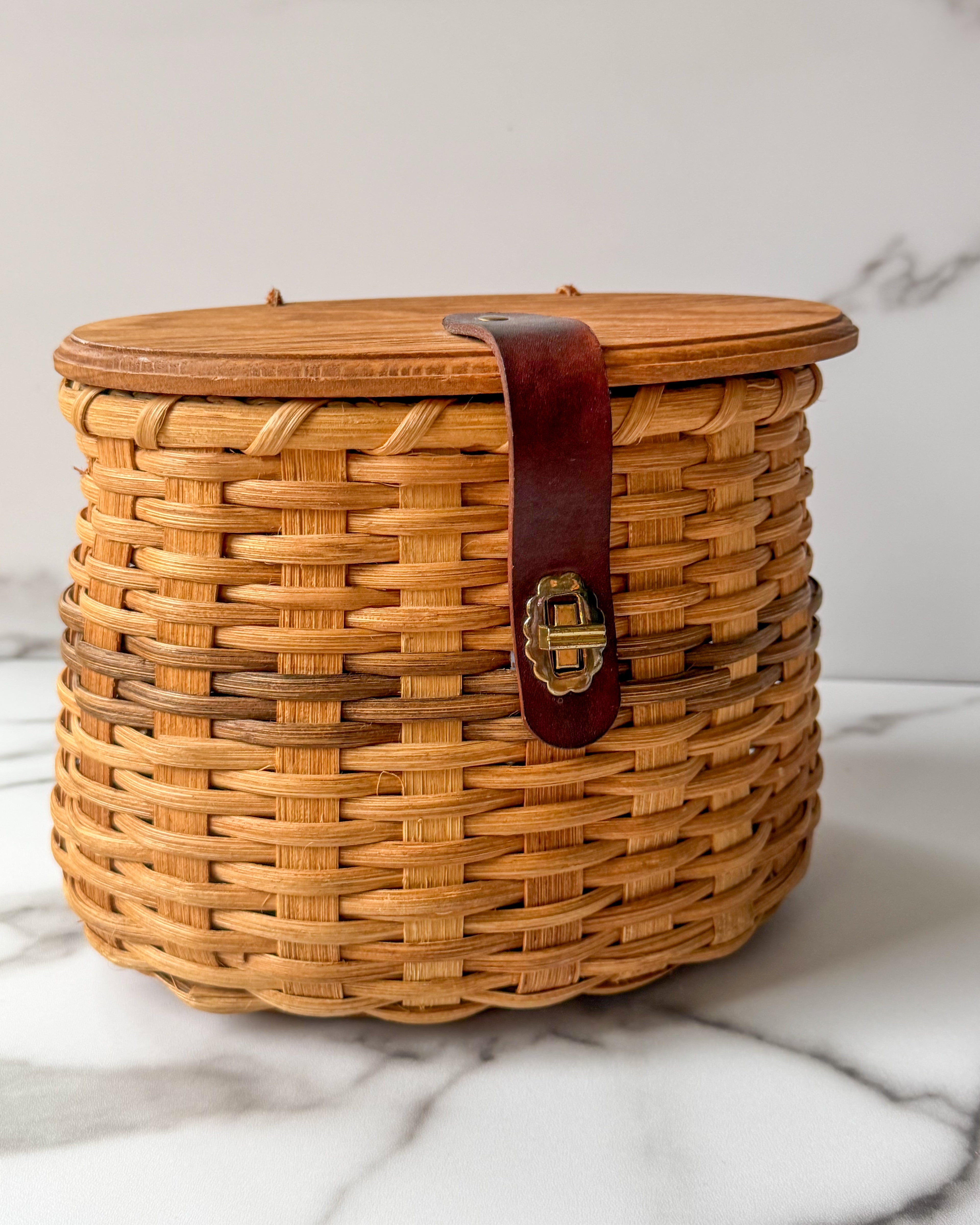 Vintage Woven Wicker Basket with Wooden Lid
