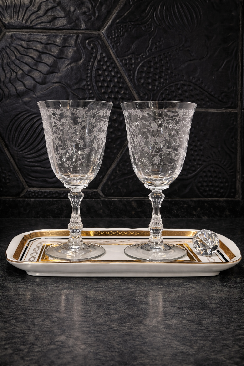 Vintage Etched Crystal Wine Glasses — Set of Two