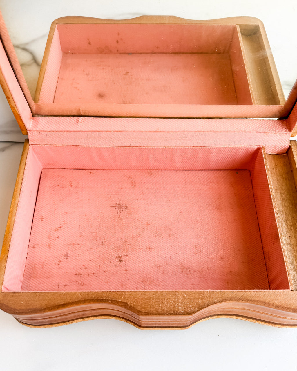 Vintage Carved Wood Jewelry Box with Mirror & Alpine Landscape Vanity Box