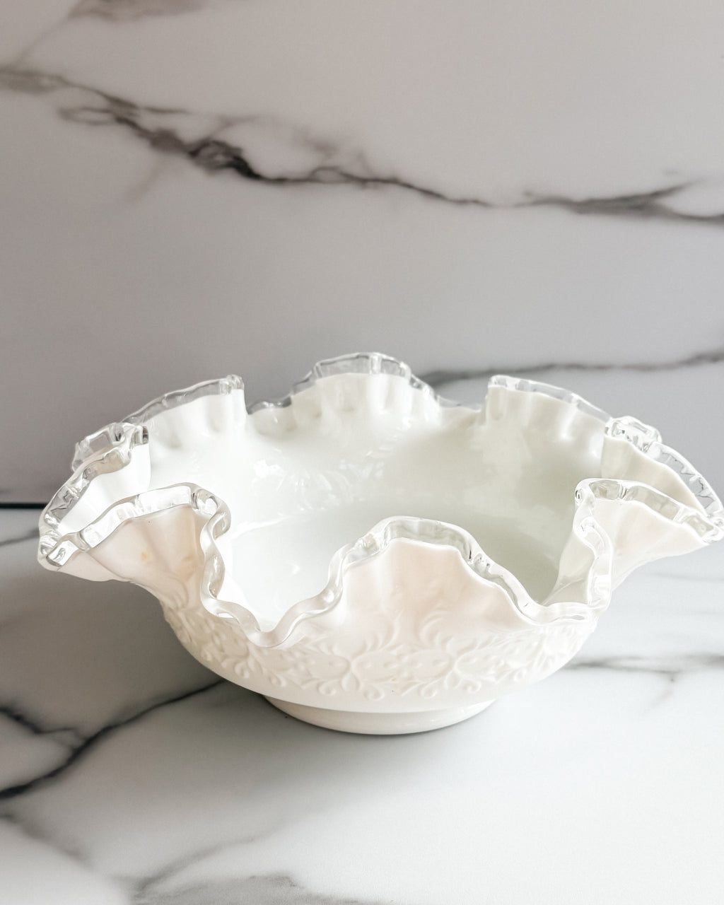Vintage Fenton Silver Crest Spanish Lace Milk Glass Ruffled Bowl