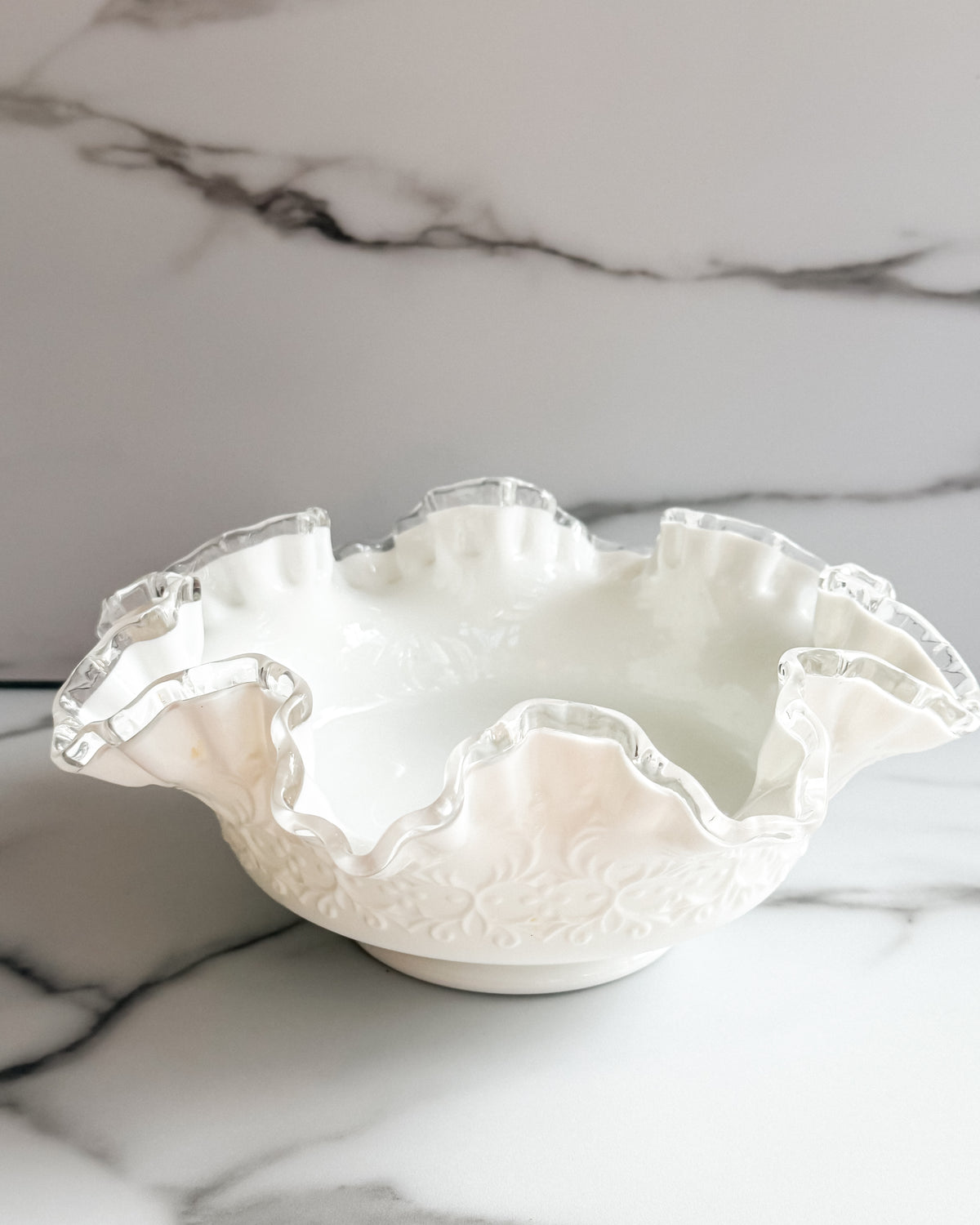 Vintage Fenton Silver Crest Spanish Lace Milk Glass Ruffled Bowl