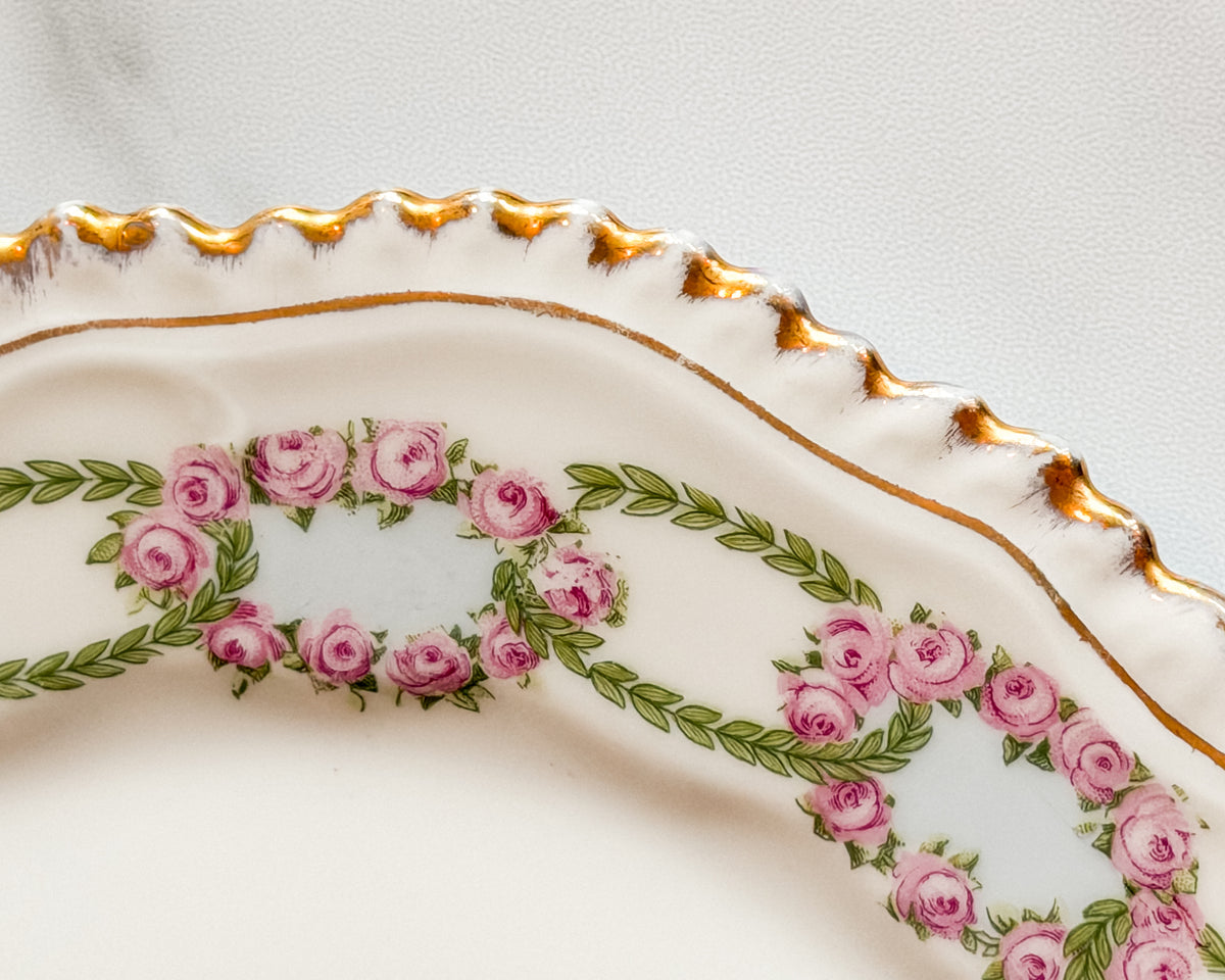 Antique B&P Württemberg Germany Pink Rose Garland Porcelain Plate w Gold Trim