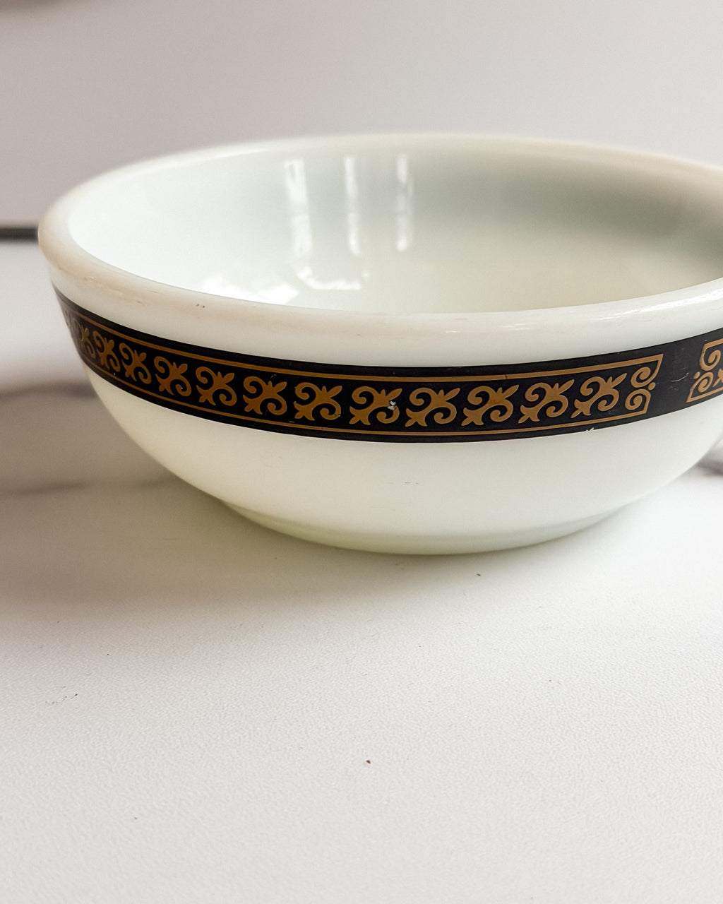 Vintage Pyrex Tableware Milk Glass Berry Bowl 5” Black & Gold Scroll Border USA