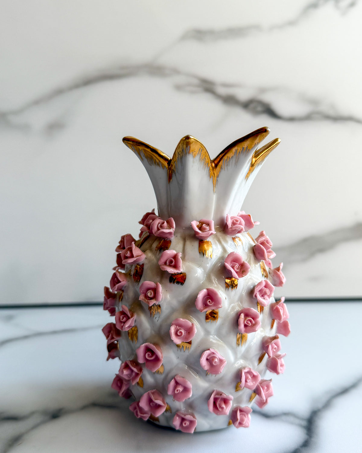 Vintage Lefton China Applied Pink Rosebud Vase Hand Painted Porcelain with Gold Trim KW7283