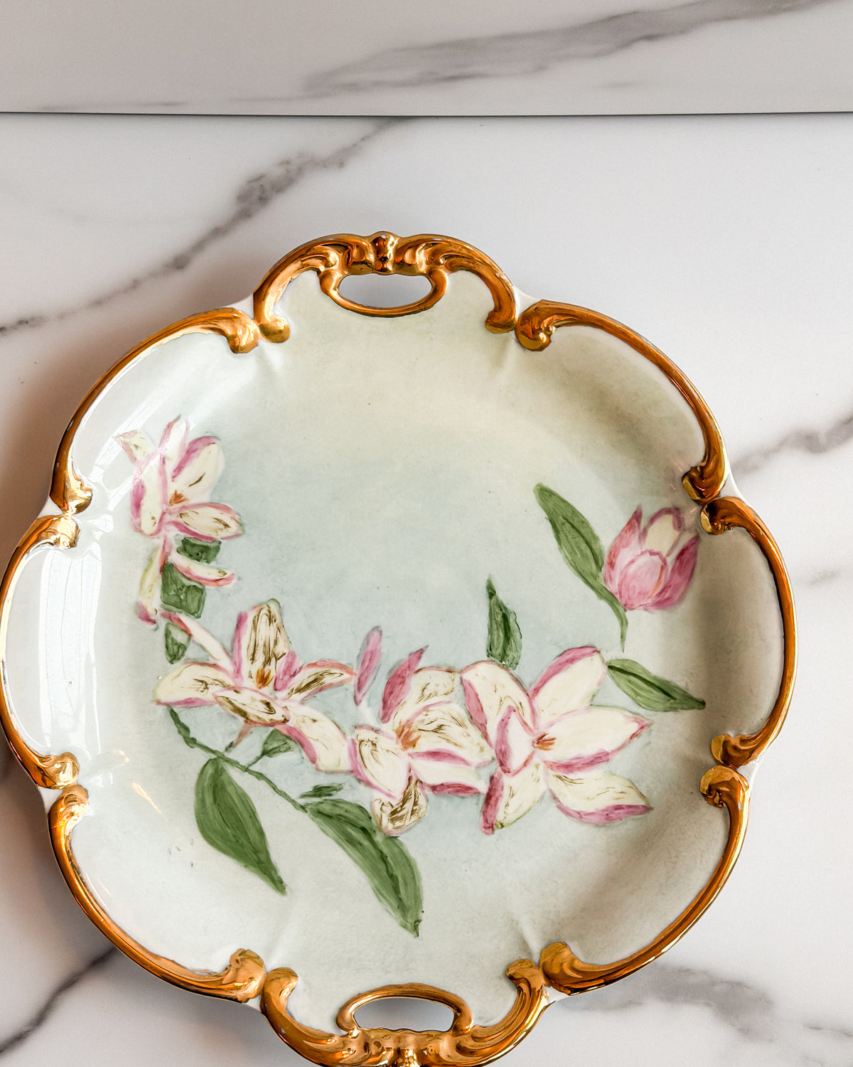 Antique PT Tirschenreuth Bavaria Hand Painted Floral Cake Plate w Gold Handles Made in Germany