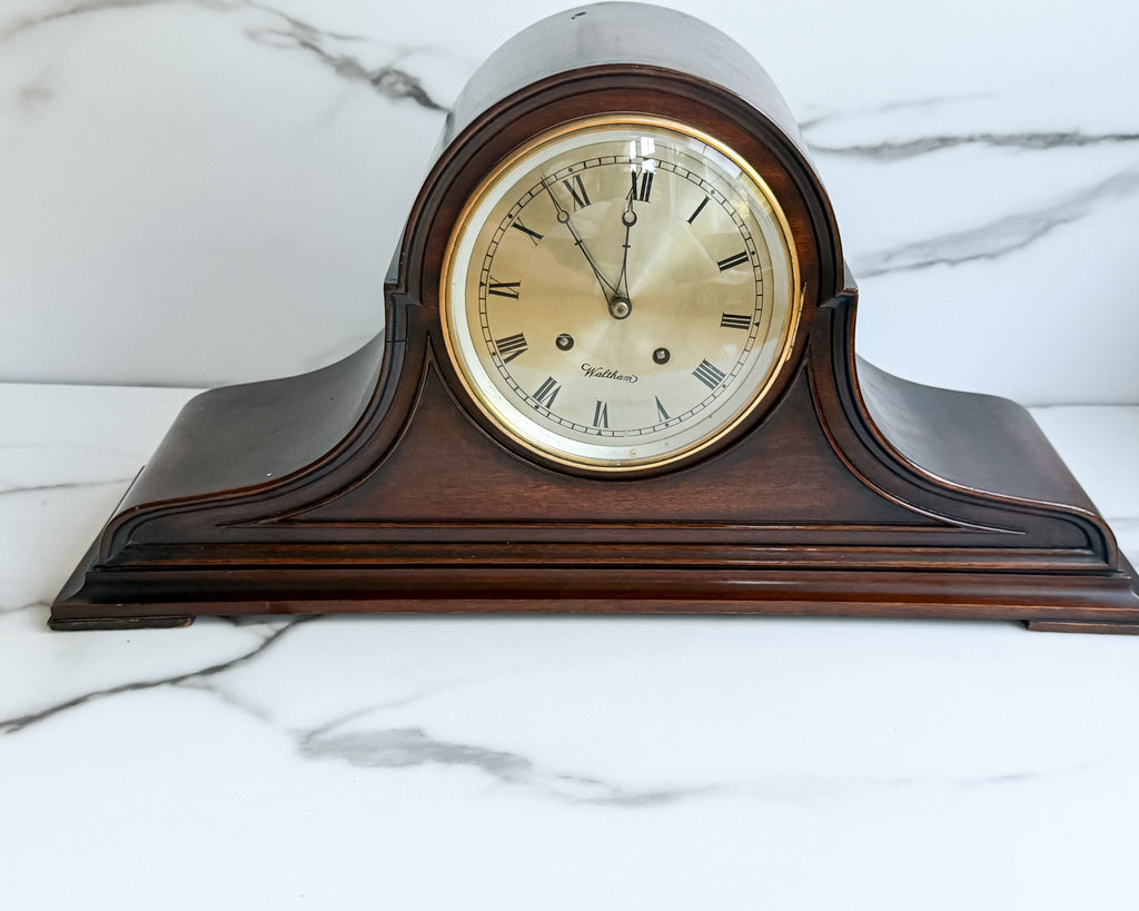 Vintage Mahogany Tambour Waltham Key Wind Mantel Clock with Pendulum & Key
