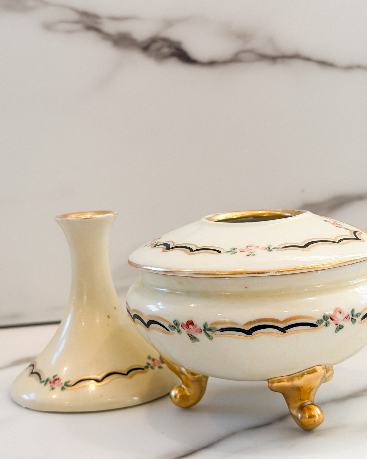 Vintage Austrian Porcelain Hair Receiver & Bud Vase Vanity Set Pink Roses Gold Trim Made in Austria