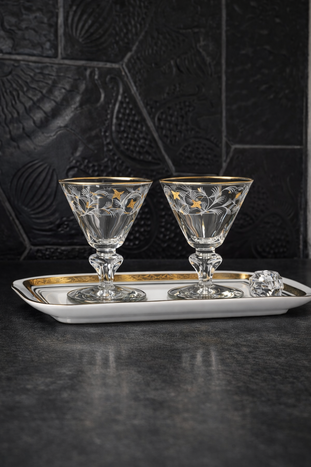 Vintage Gold Butterfly Etched Cocktail Glasses — Set of Two