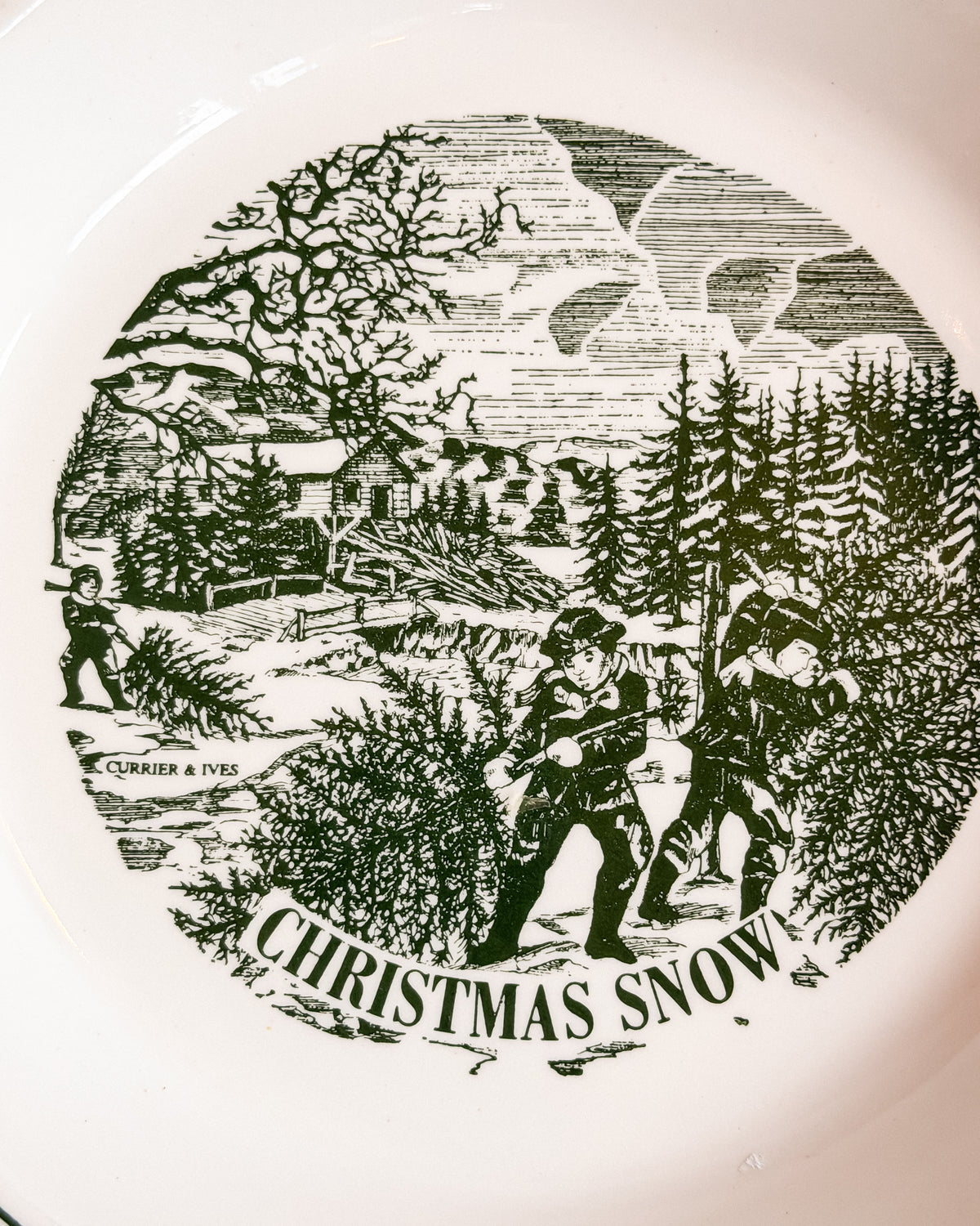 Vintage Currier & Ives “Christmas Snow” 10” Pie Plate Green & White