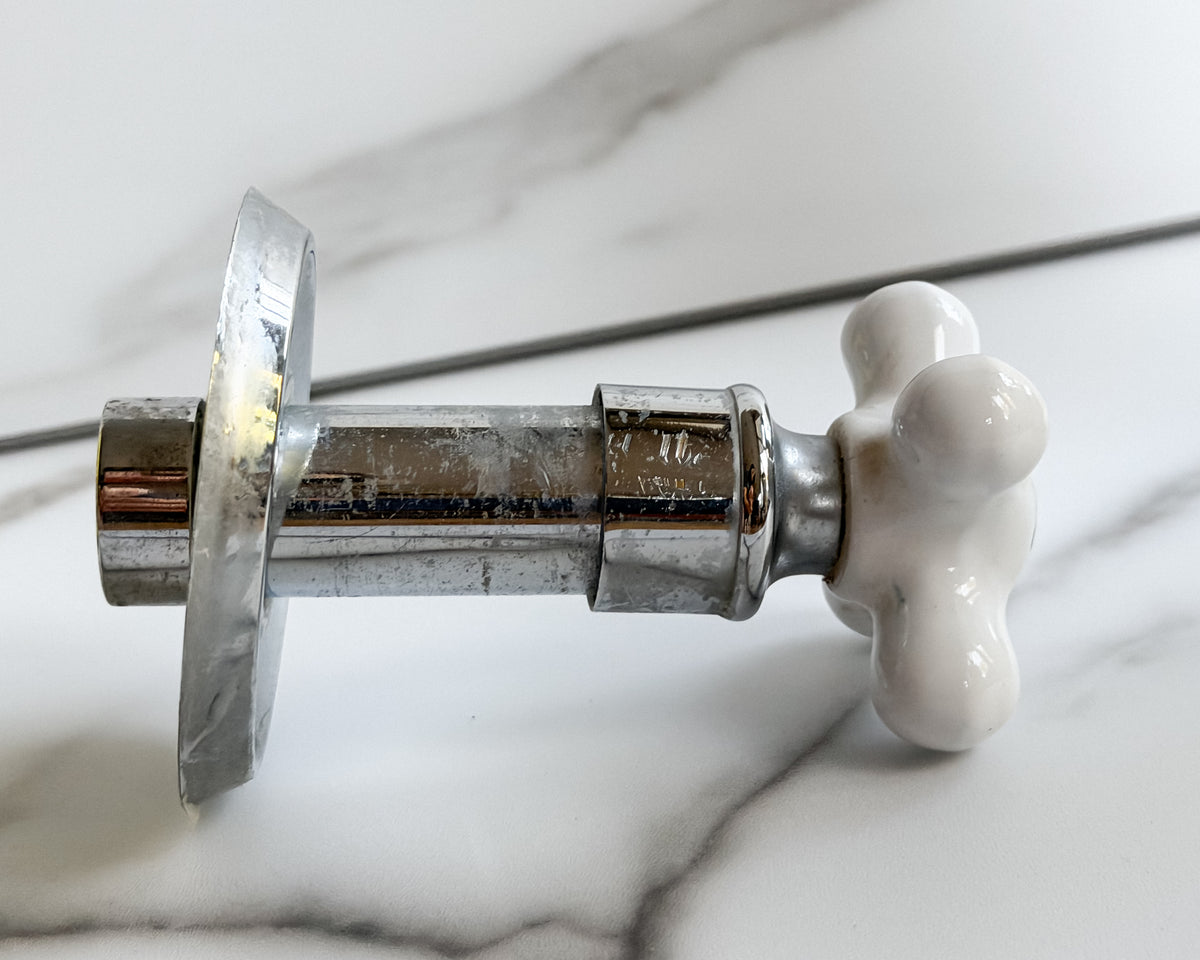 Vintage White Porcelain Cross Handle Faucet Valve 4.5” Chrome Plumbing Fixture Architectural Salvage