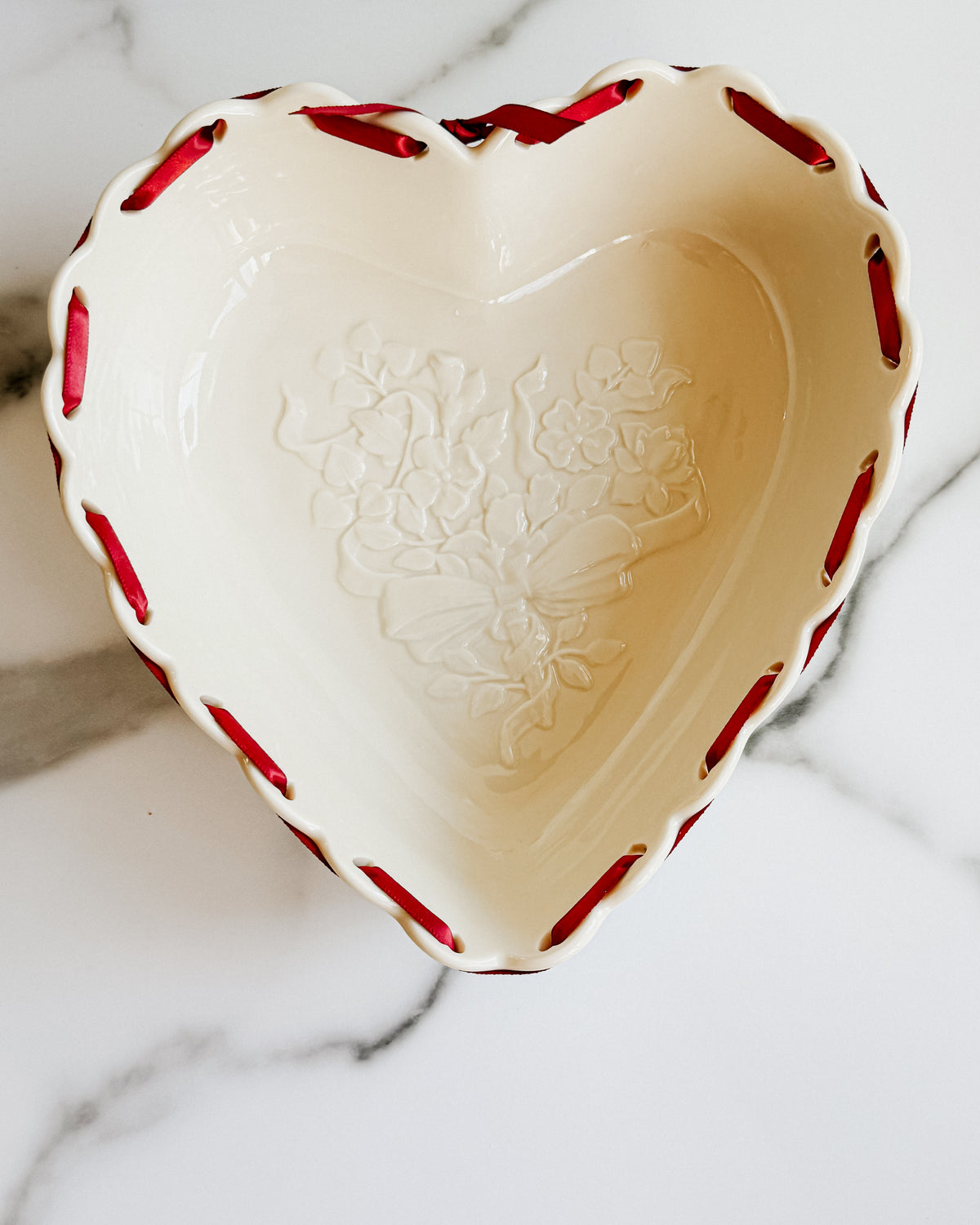 Longaberger Ivory Heart-Shaped Pottery Bowl Embossed Floral Design with Burgundy Ribbon