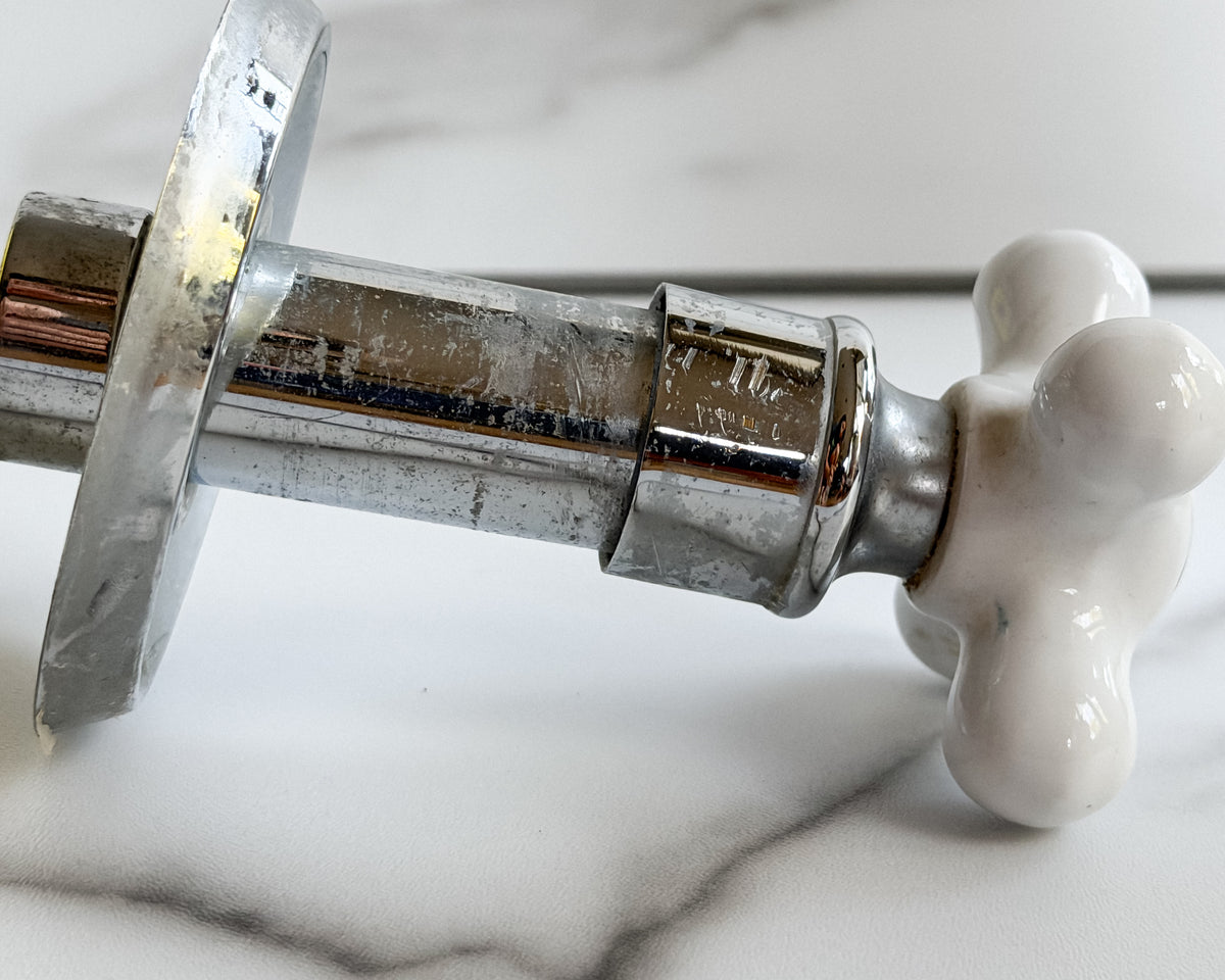 Vintage White Porcelain Cross Handle Faucet Valve 4.5” Chrome Plumbing Fixture Architectural Salvage