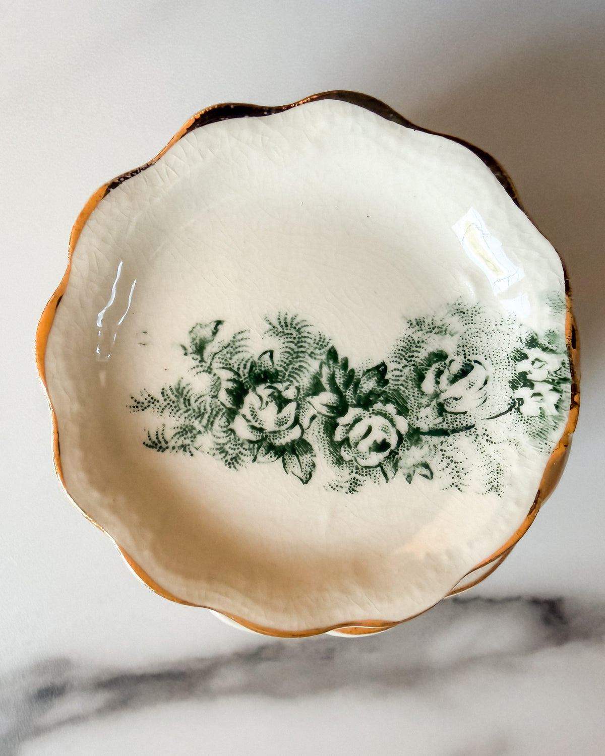 Antique Green Floral Butter Pats Set of 7 Scalloped Gold Trim Mini Dishes, 3”