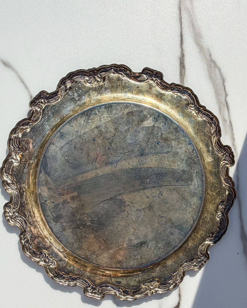 Vintage Silverplate Vanity Tray with Mirrored Center Ornate Rococo Scroll Edge