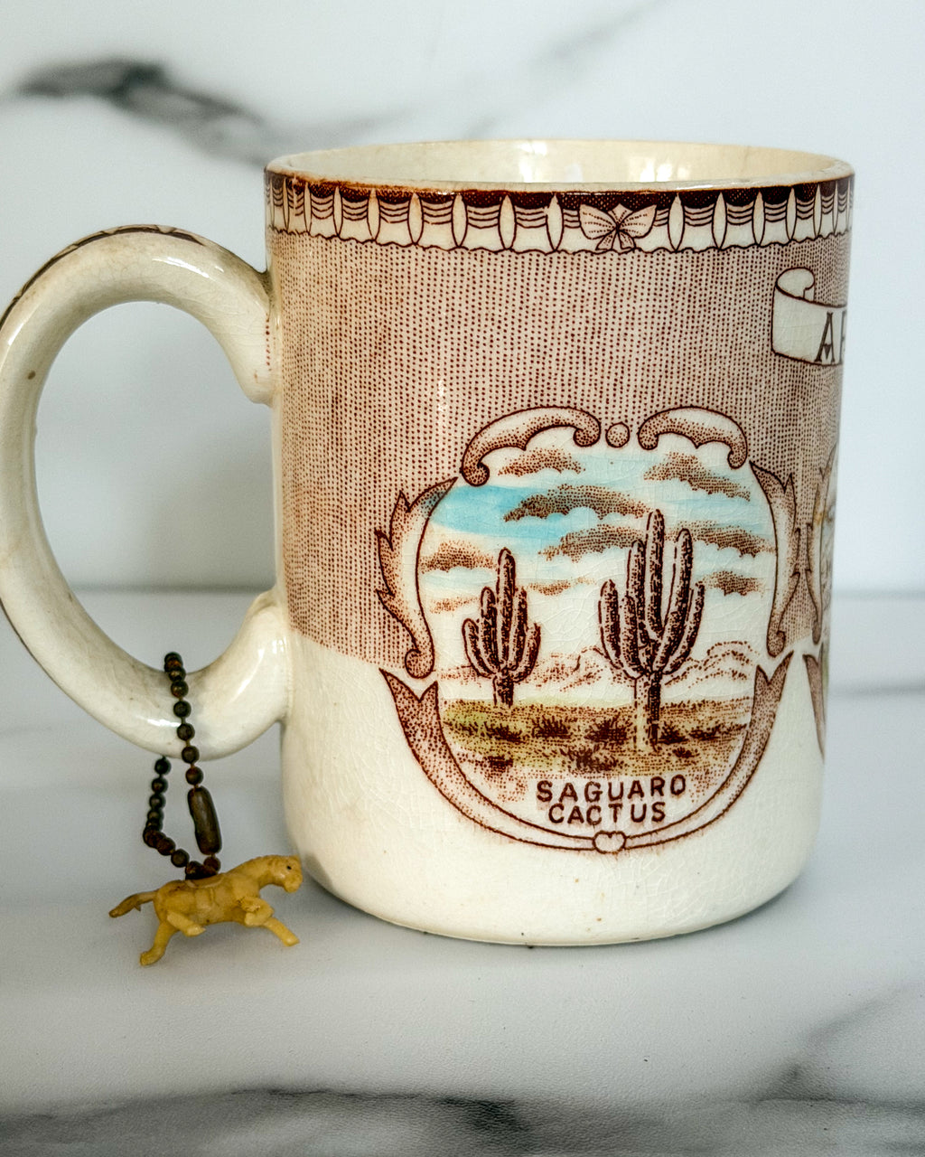 Vintage Arizona Souvenir Mug Brown Transferware Ceramic Coffee Cup Oak Creek Canyon Saguaro Cactus 4”