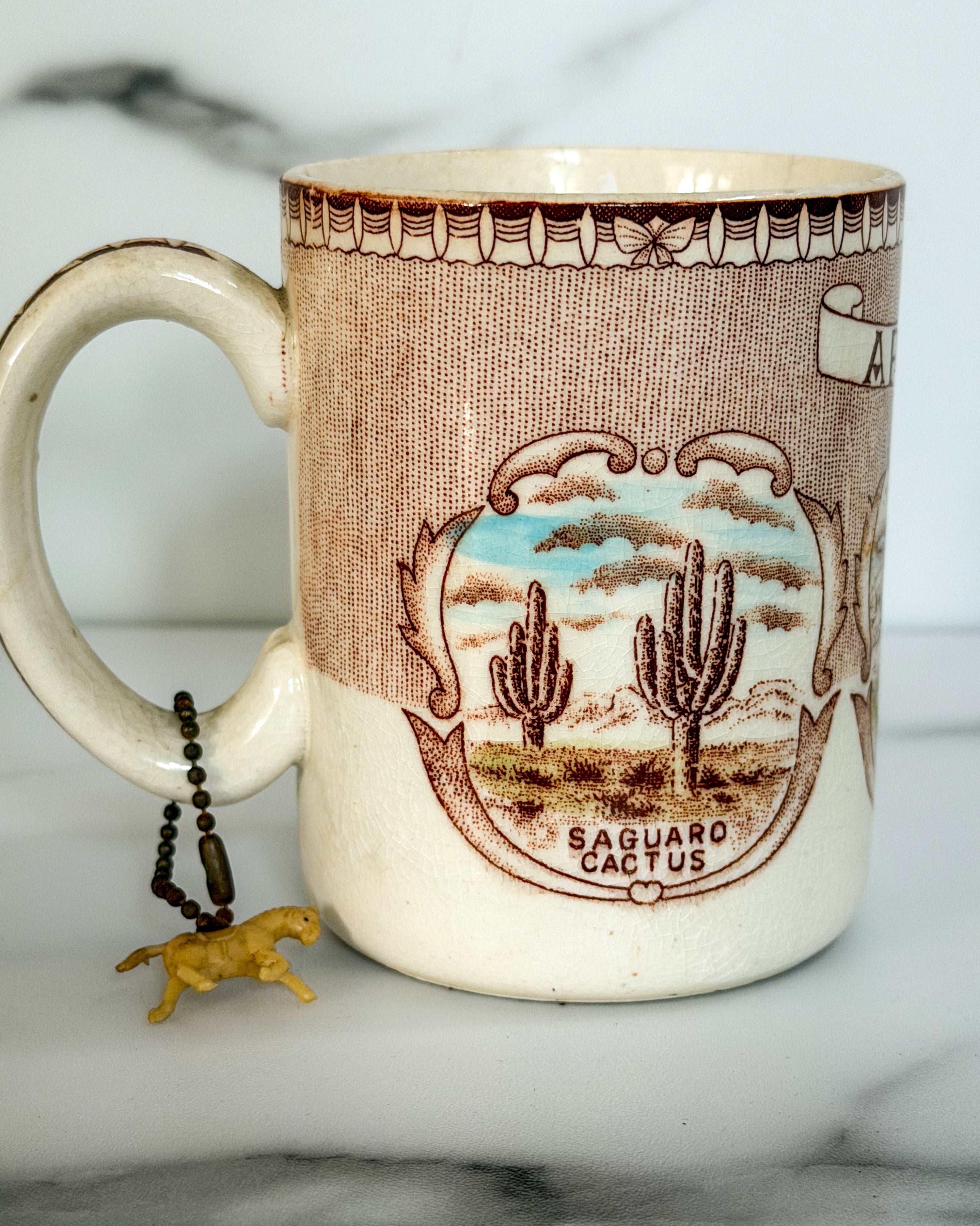 Vintage Arizona Souvenir Mug Brown Transferware Ceramic Coffee Cup Oak Creek Canyon Saguaro Cactus 4”