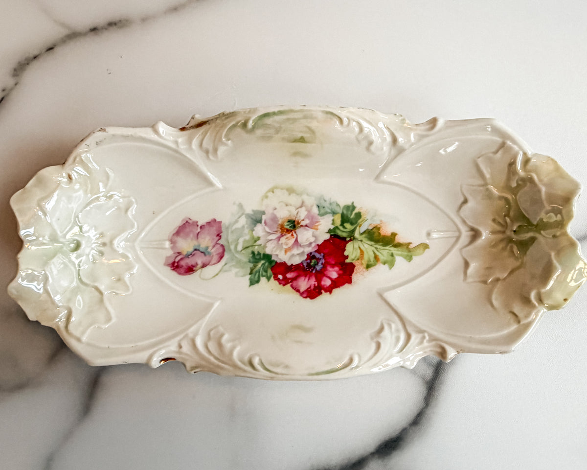Antique IPF Germany Porcelain Floral Relish Dish Pink Red Flowers Embossed