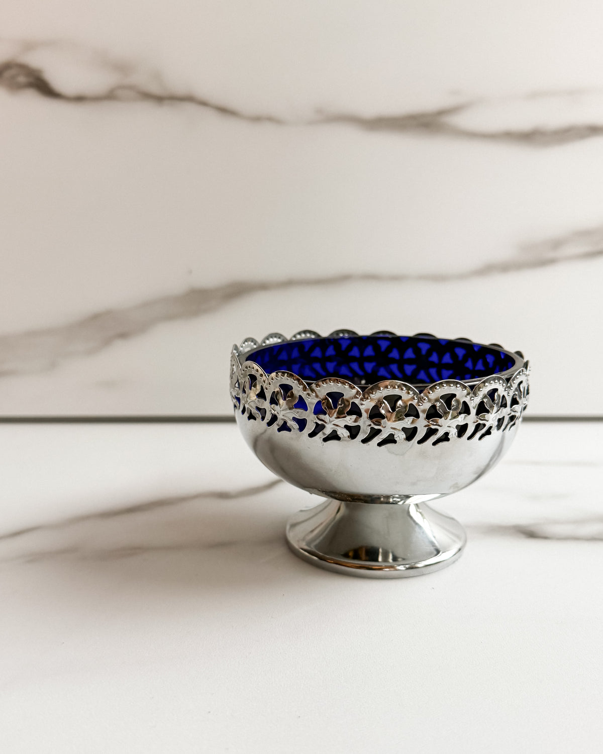 Vintage Cobalt Blue Glass Pedestal Bowl with Silver-Plated Filigree Rim Made in England