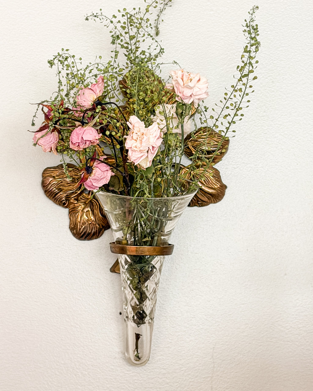 Vintage Brass Floral Wall Vase with Cut Crystal Glass Bud Vase Insert Ornate Botanical Wall Pocket