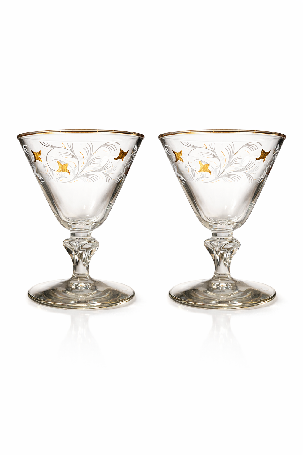 Vintage Gold Butterfly Etched Cocktail Glasses — Set of Two