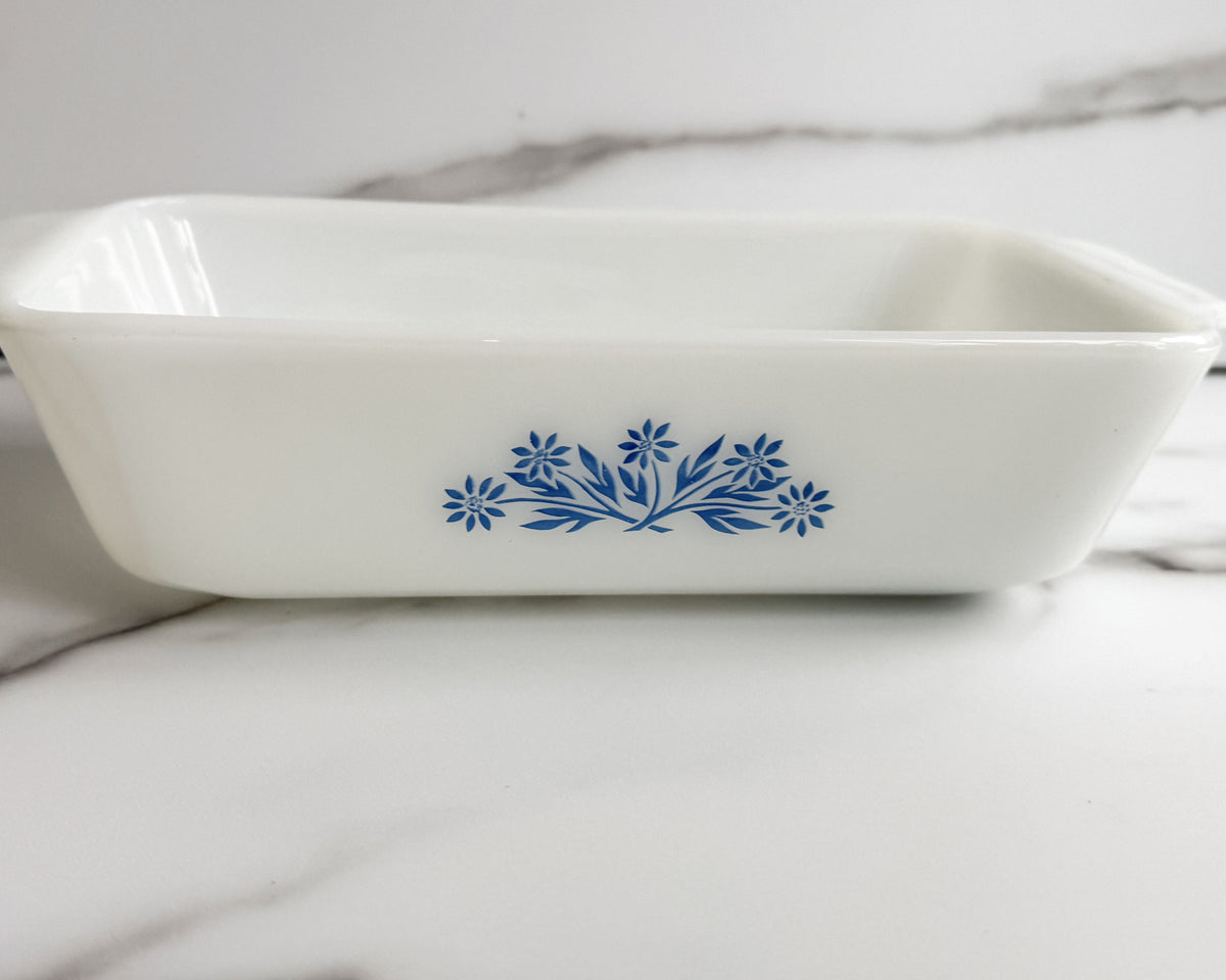 Vintage CorningWare Cornflower Blue Milk Glass Loaf Pan Blue Floral Made in USA