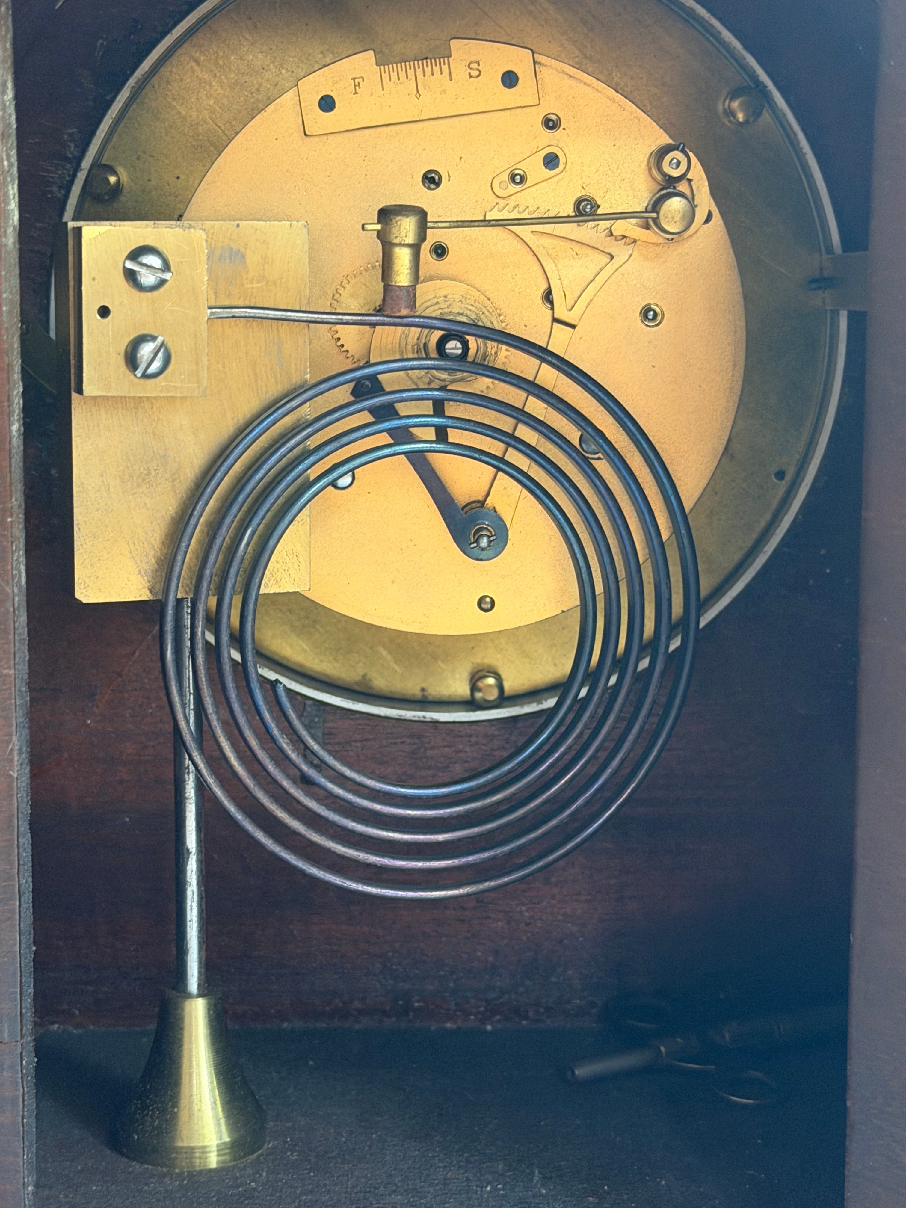 Vintage Mahogany Tambour Waltham Key Wind Mantel Clock with Pendulum & Key