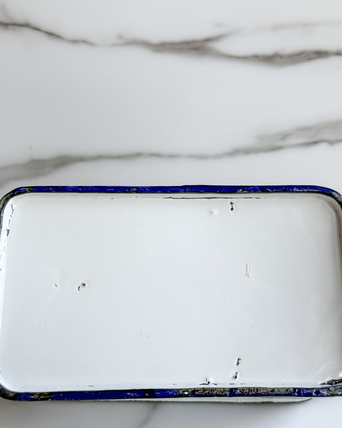 Vintage White Enamelware Wall-Mount Container with Cobalt Blue Trim & Lid