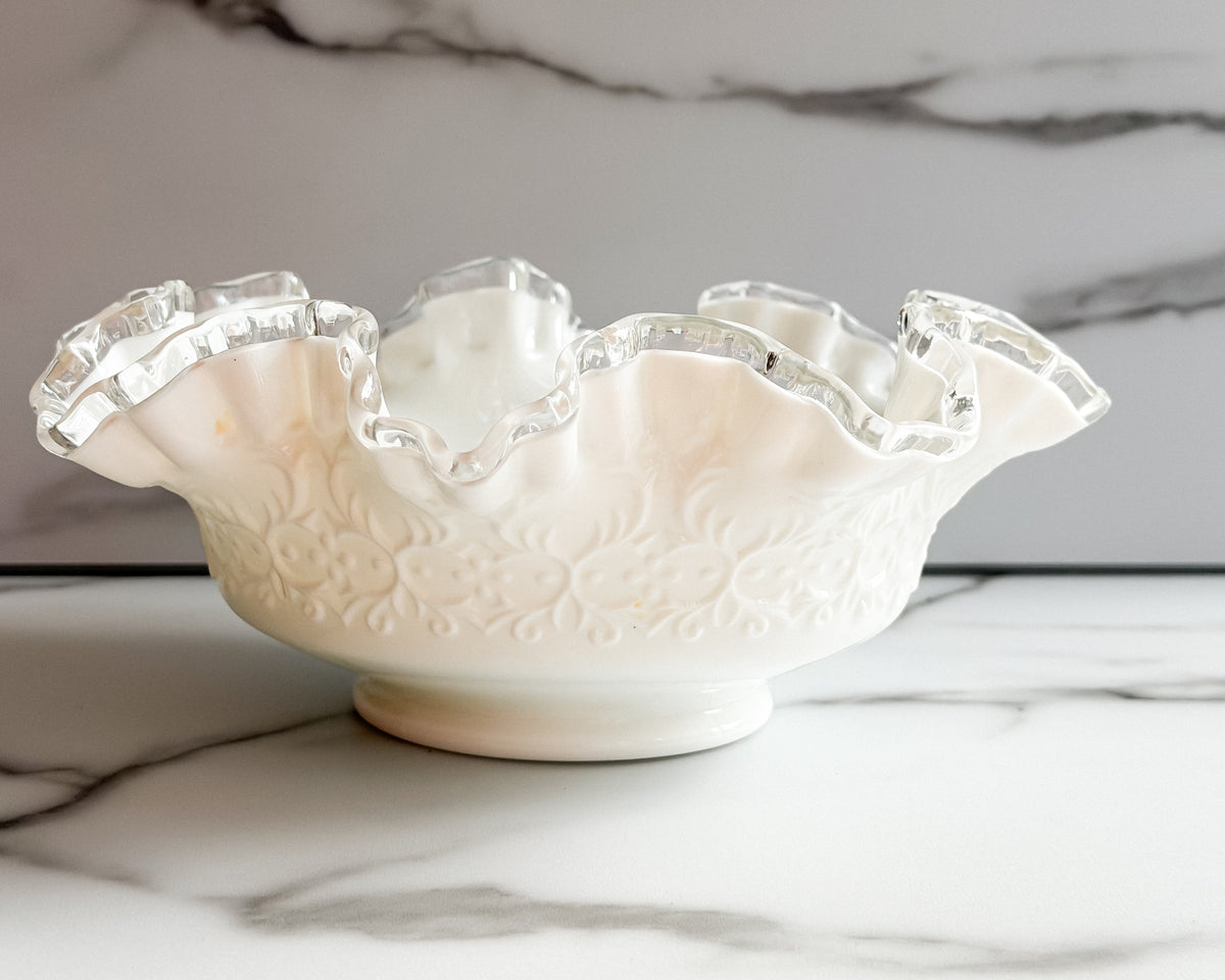 Vintage Fenton Silver Crest Spanish Lace Milk Glass Ruffled Bowl