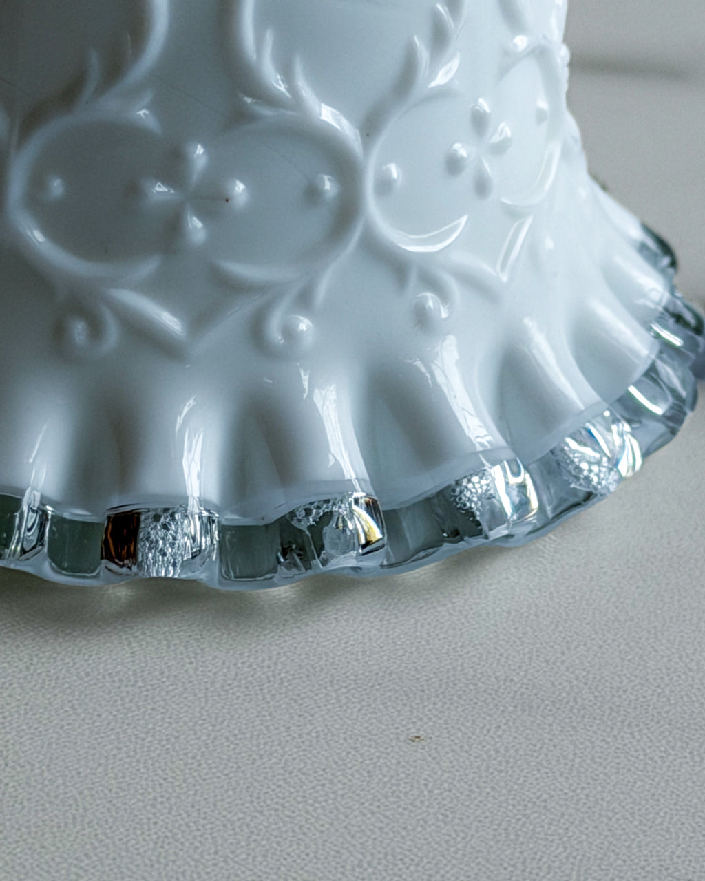Vintage Fenton Milk Glass Bell White Floral Bell with Clear Crystal Ruffled Edge