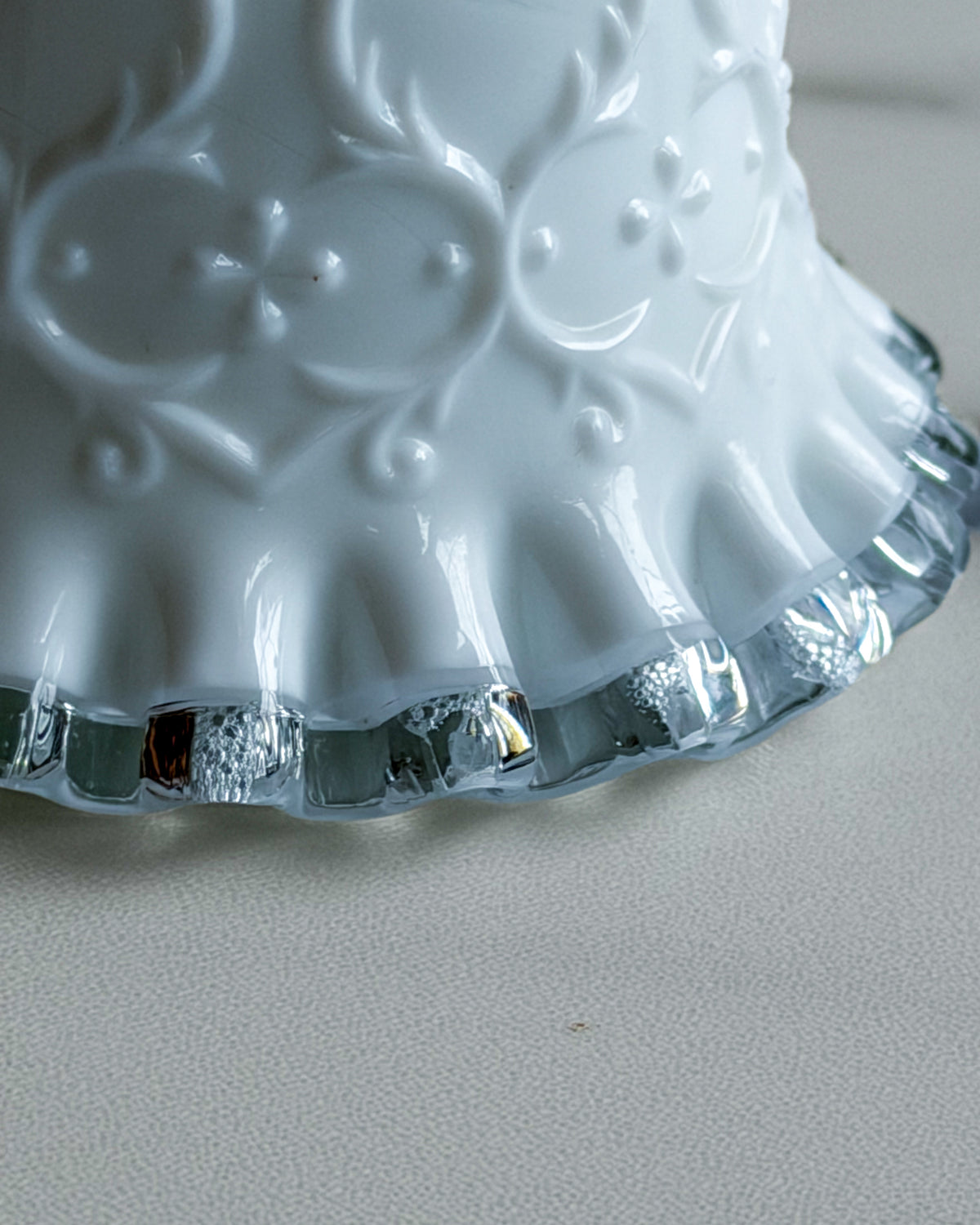 Vintage Fenton Milk Glass Bell White Floral Bell with Clear Crystal Ruffled Edge