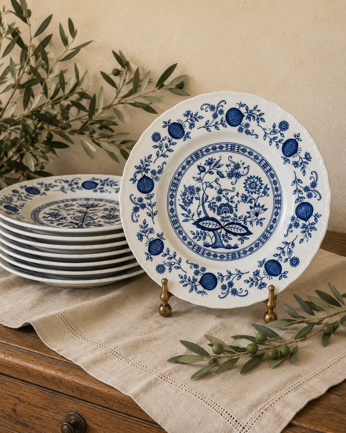 Vintage Enoch Wedgwood “Blue Heritage” Ironstone Dinner Plates – Set of 9 - 10” English Transferware