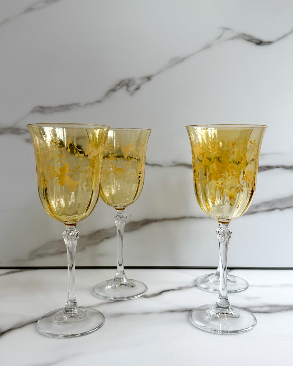 Vintage Amber Yellow Floral Wine Goblets Set of 4 Etched Flowers Clear Stem Glasses