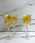 Vintage Amber Yellow Floral Wine Goblets Set of 4 Etched Flowers Clear Stem Glasses