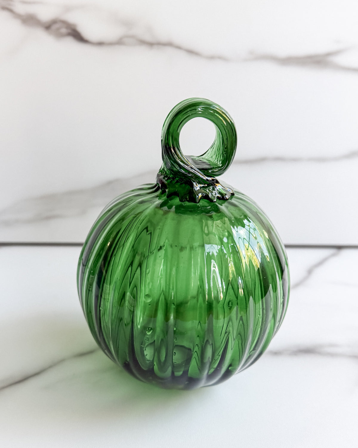 Vintage Emerald Green Hand-Blown Glass Pumpkin with Curled Stem  Glass Fall Decor