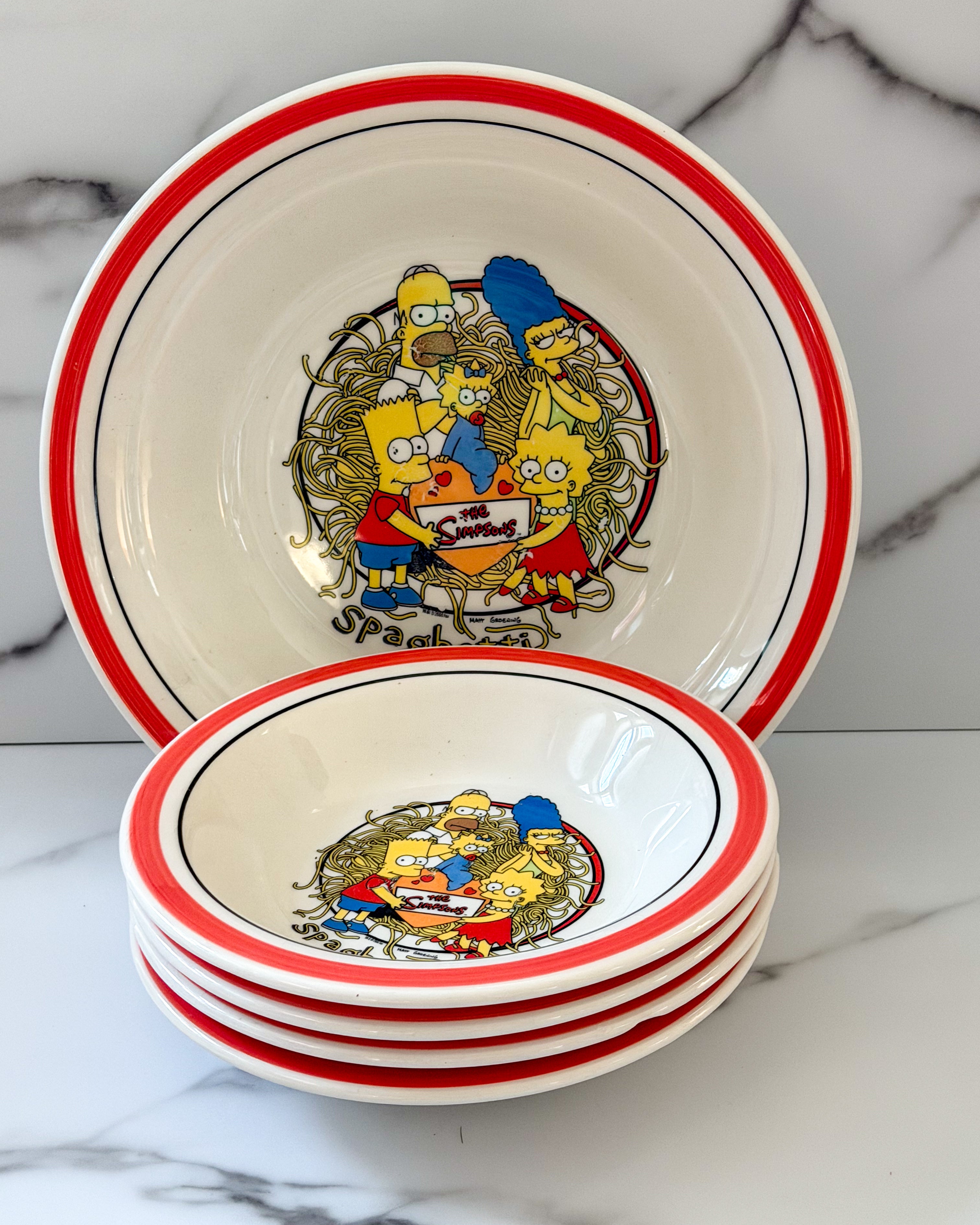 Rare Vintage Quadrifoglio “The Simpsons” Ceramic Pasta Bowl Set Made in Italy Complete 5-Piece Serving Collection