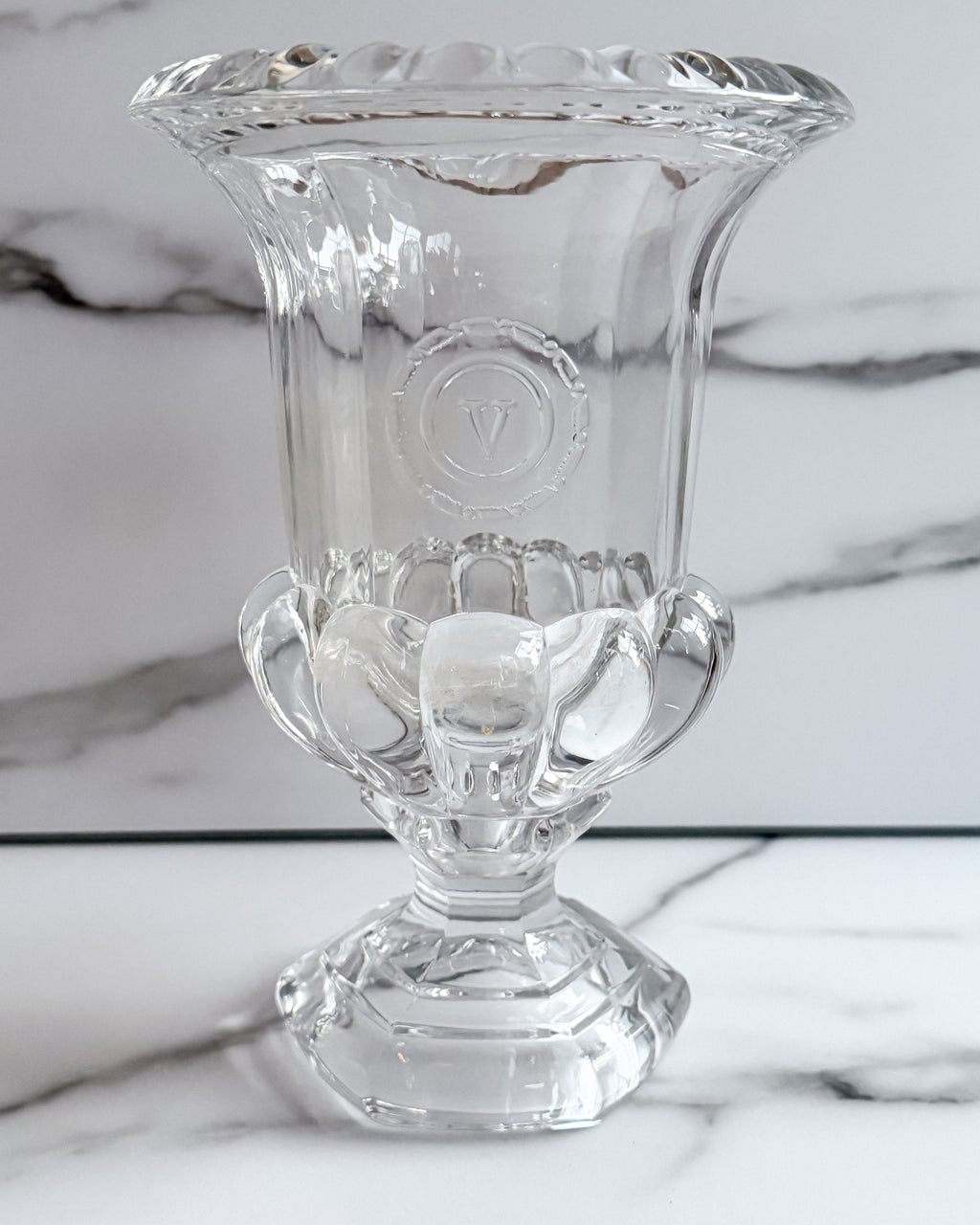 Vintage Val Saint Lambert Belgium Lead Crystal Centerpiece Urn Vase Scalloped Rim