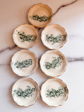 Antique Green Floral Butter Pats Set of 7 Scalloped Gold Trim Mini Dishes, 3”
