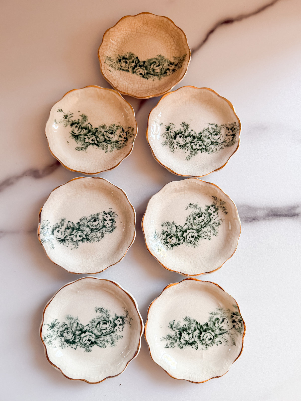 Antique Green Floral Butter Pats Set of 7 Scalloped Gold Trim Mini Dishes, 3”
