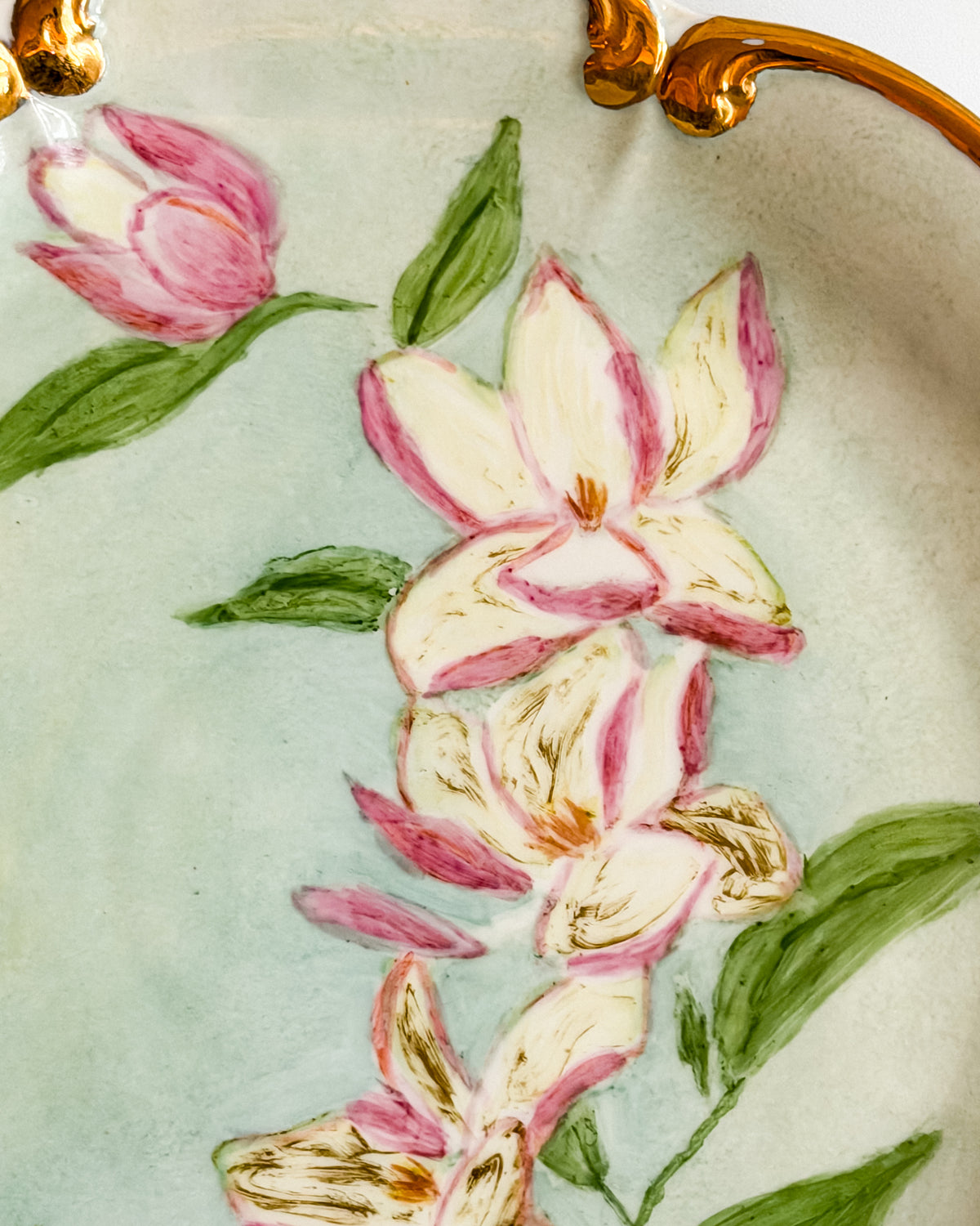 Antique PT Tirschenreuth Bavaria Hand Painted Floral Cake Plate w Gold Handles Made in Germany