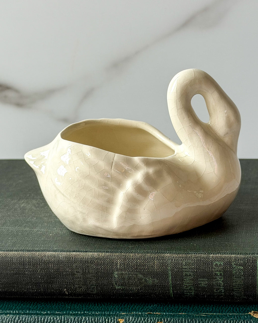 Vintage Small White Ceramic Swan Planter Crazed Glaze