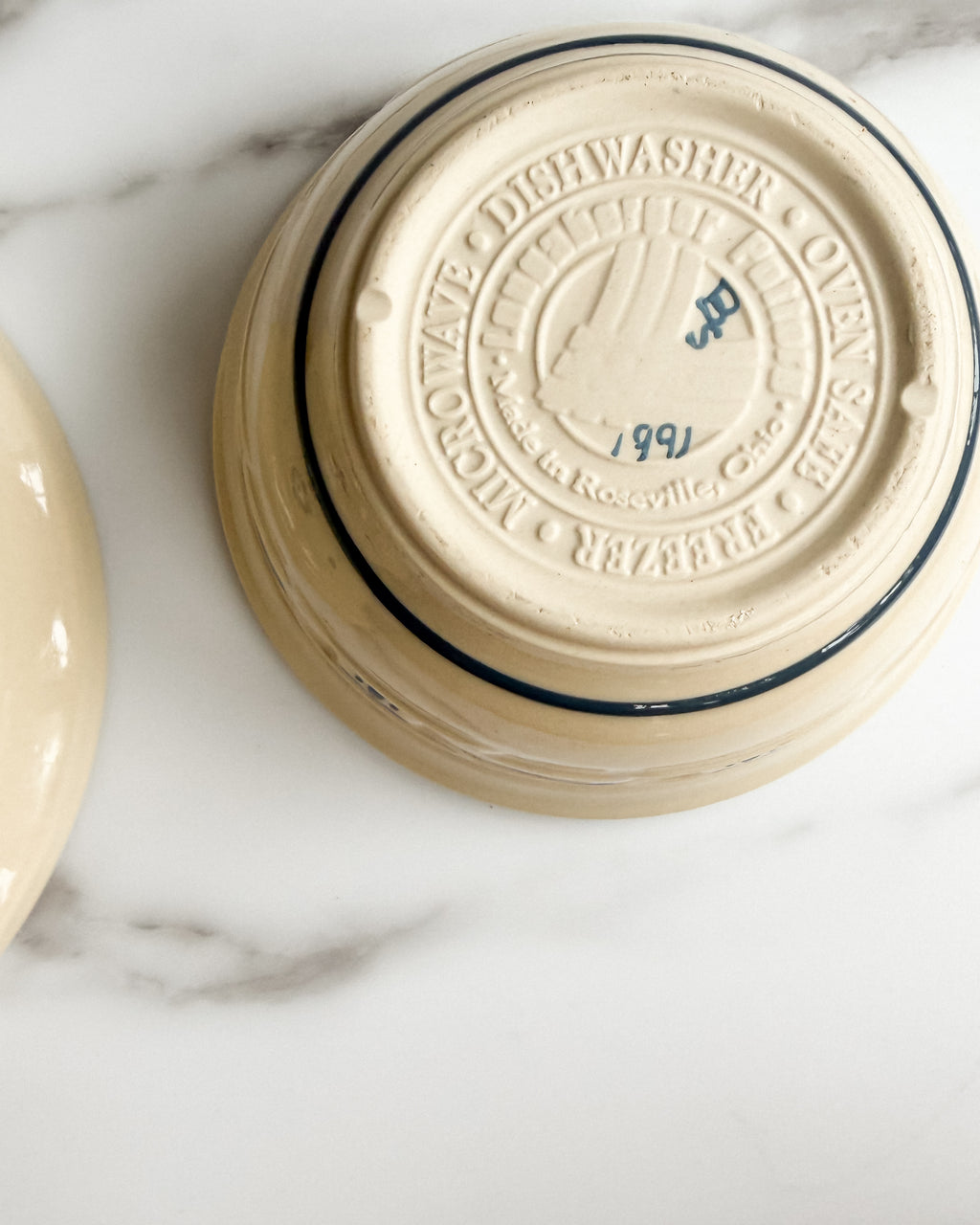 Longaberger Pottery Set of 3 Nesting Mixing Bowls Blue & Ivory 1991