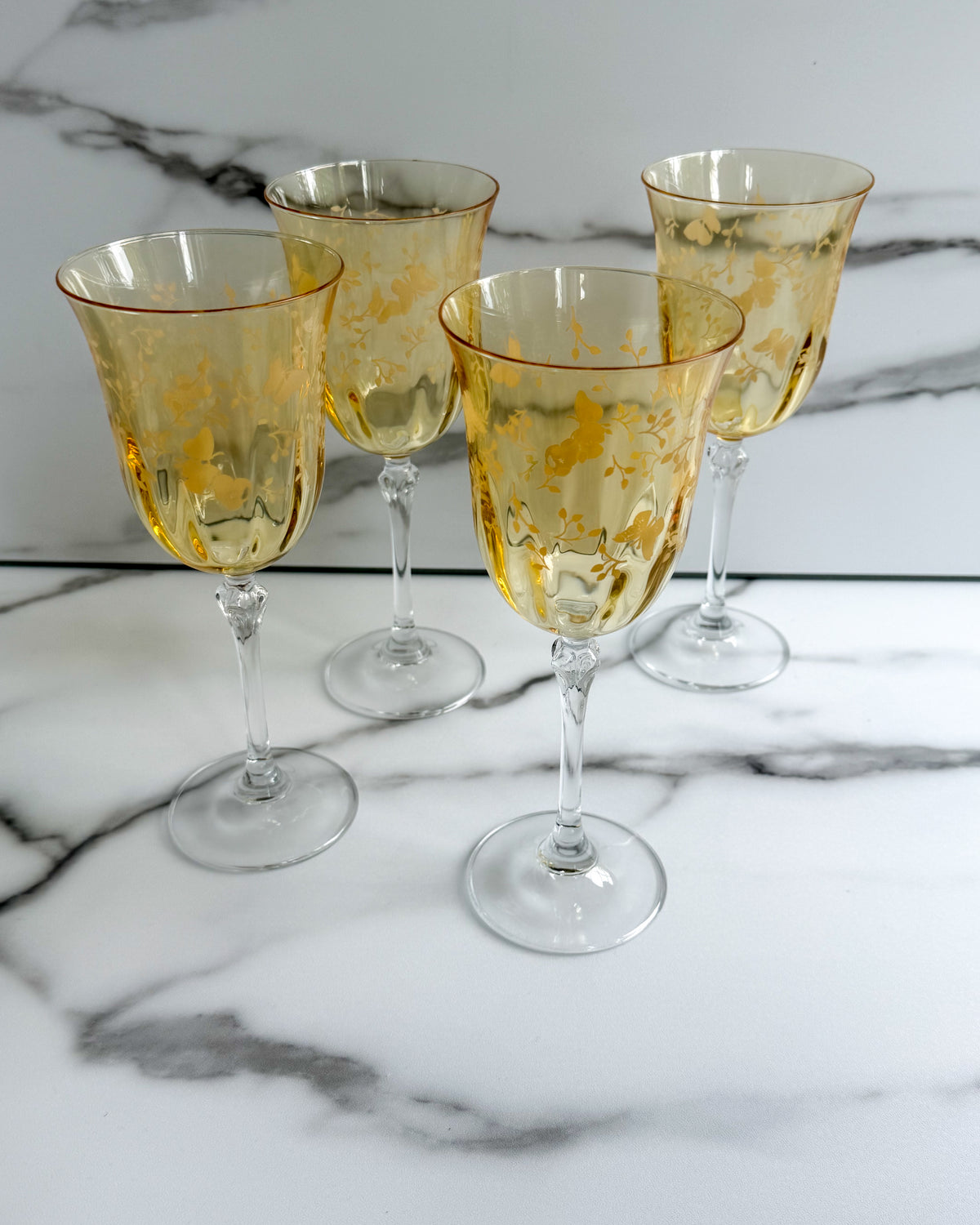 Vintage Amber Yellow Floral Wine Goblets Set of 4 Etched Flowers Clear Stem Glasses