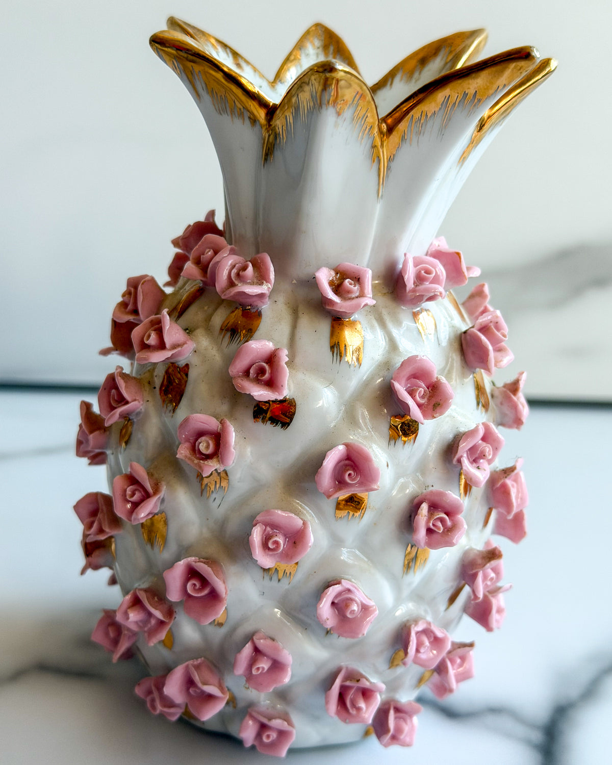 Vintage Lefton China Applied Pink Rosebud Vase Hand Painted Porcelain with Gold Trim KW7283