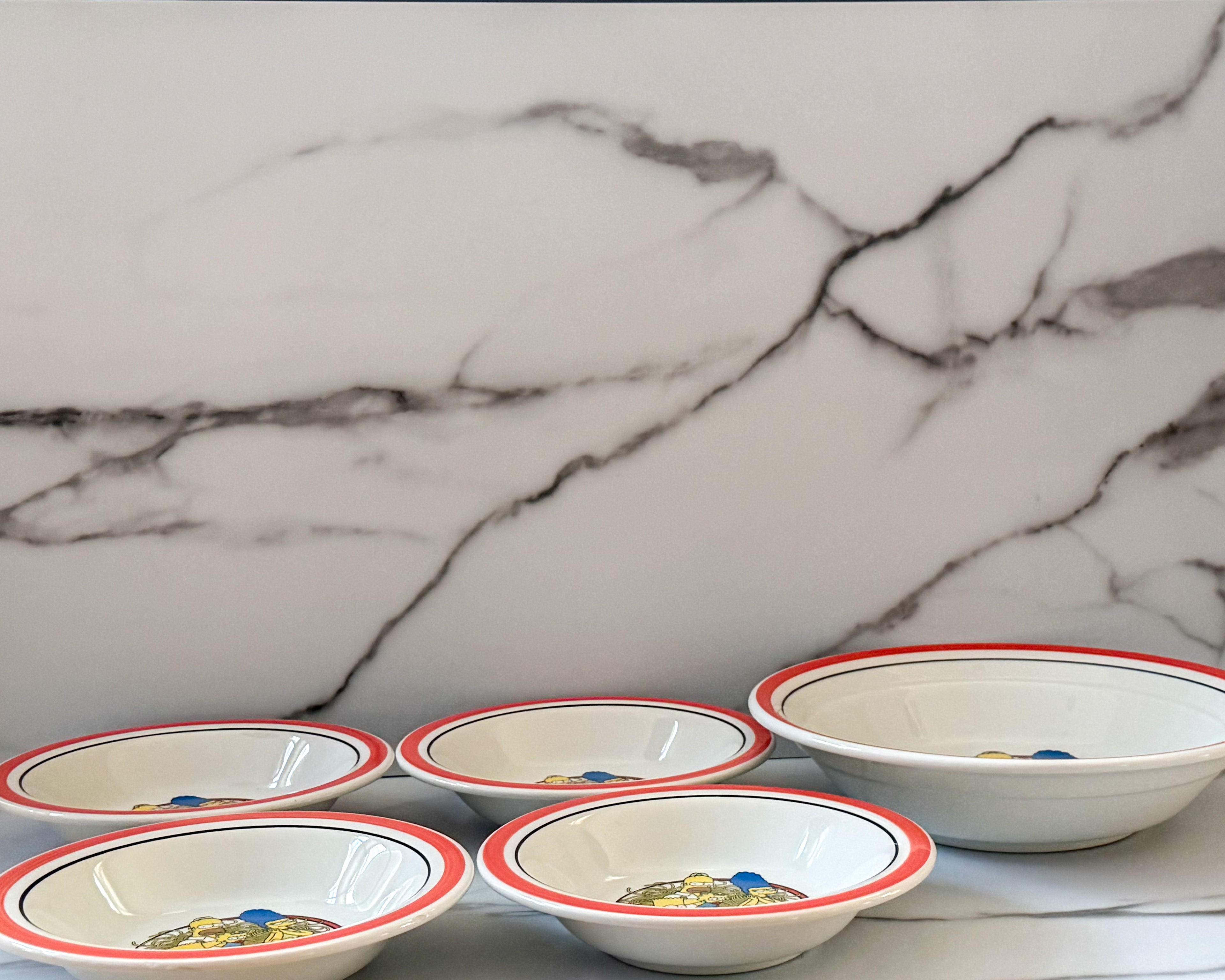 Rare Vintage Quadrifoglio “The Simpsons” Ceramic Pasta Bowl Set Made in Italy Complete 5-Piece Serving Collection