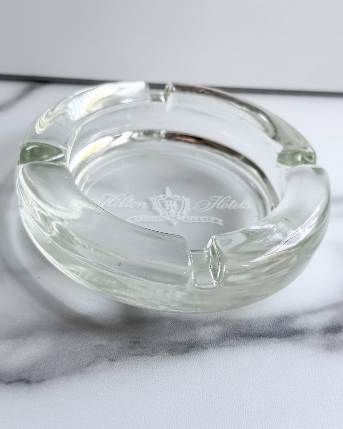 Vintage Hilton Hotels “Around the World” Glass Ashtray 4.5” Hotel Advertising
